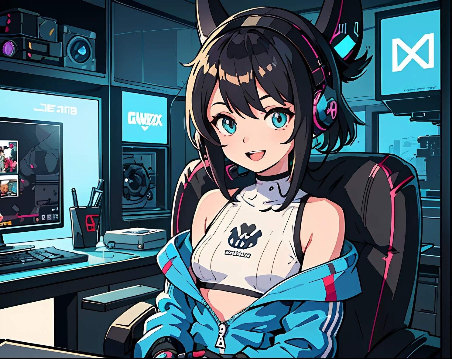 Cartoon of woman sitting in front of computer with headphones on, Wearing a gaming headset, Playing video games, , digital anime illustration, Wearing a gaming headset, Playing computer games, twitch streamer , video game avatar, Playing games, Live Virtual YouTuber Model、Smile with open mouth、small tits