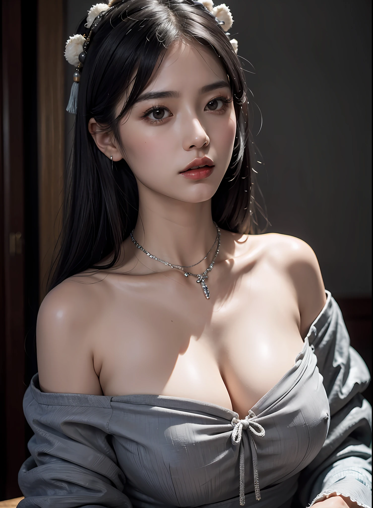 Best Quality, Masterpiece, Ultra High Resolution, (Realistic:1.4), 1 Girl, Off-the-Shoulder Shirt, ((Traditional Chinese Costumes:1)), Black Necklace, (Faded Gray-Gray Hair:1), (:1.2), Looking at the Viewer, Close-up, Big Breasts