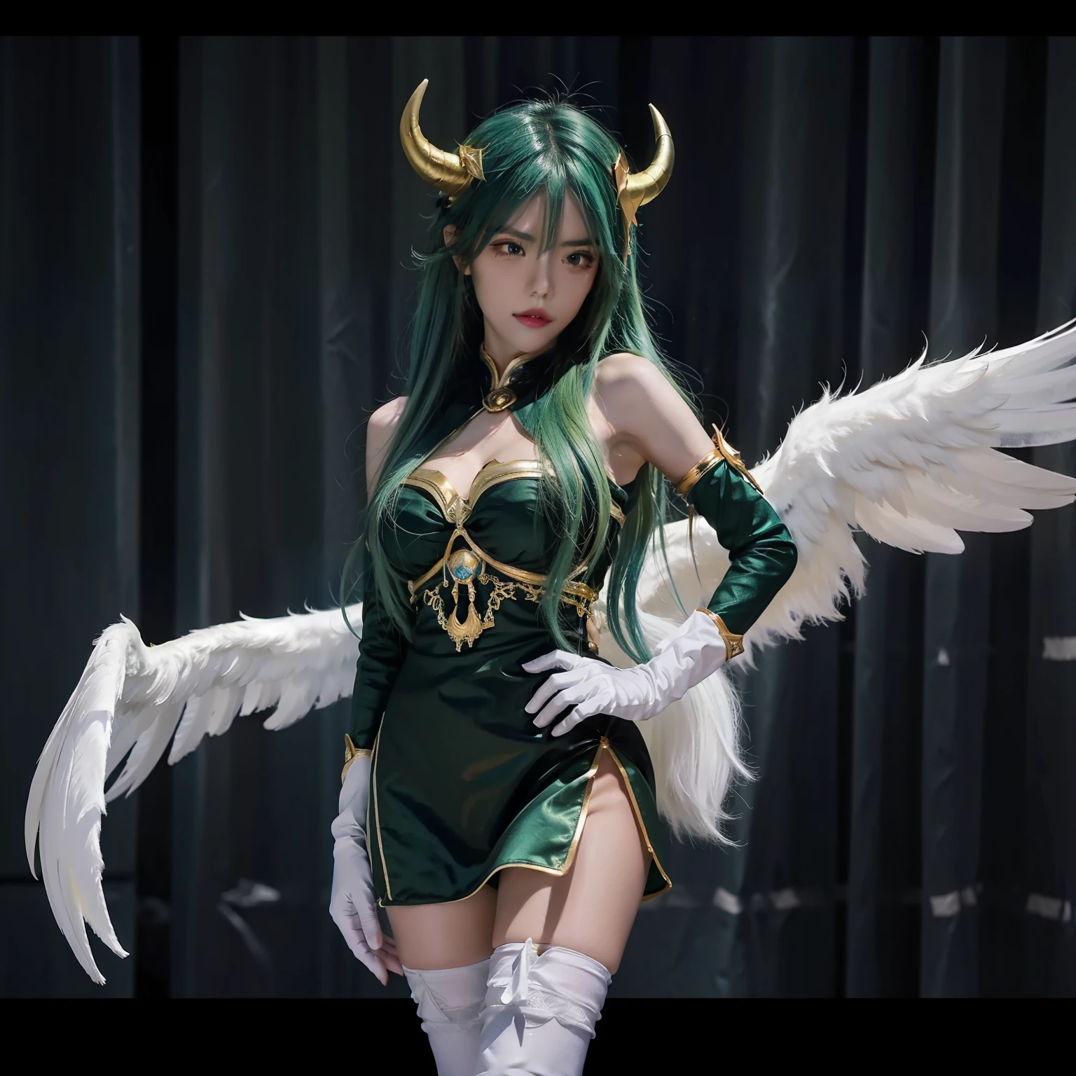 beach, soraka \(league of legends\), star guardian \(league of legends\), hands on hip, star guardian soraka, league of legends, highres, 1girl, alternate costume, alternate eye color, alternate hair color, alternate hairstyle, asymmetrical gloves, breasts, cowboy shot, gloves, green hair, horns, long hair, low wings, single horn, solo, thighhighs, uneven gloves, very long hair, white gloves, white thighhighs, white wings, wings
