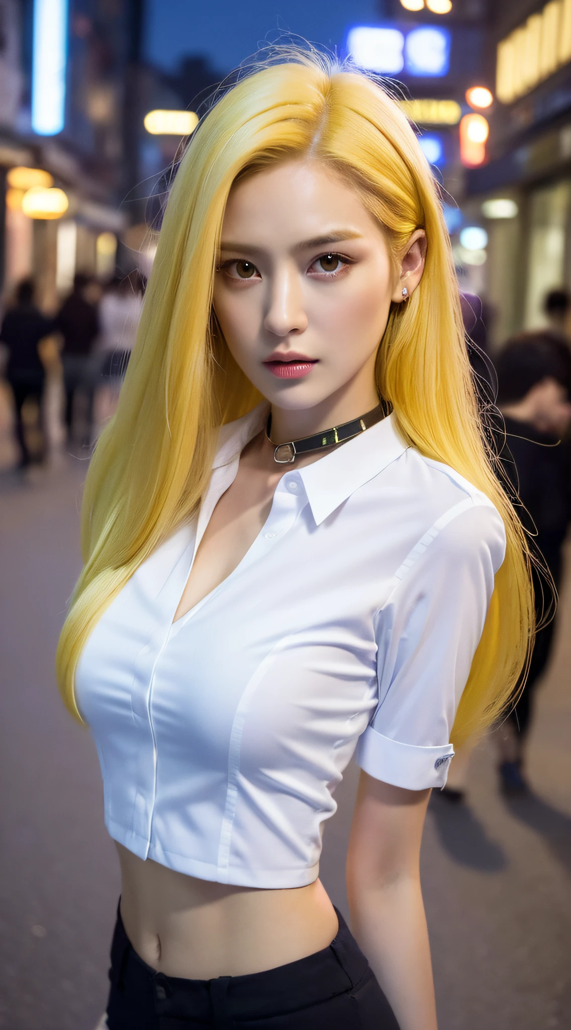 (Realistic lighting, Best quality, 8K, Masterpiece:1.3)), Focus:1.2, 1girl, Perfect Figure:1.4, Slim Abs:1.1, ((Yellow hair)), (White collar Wear: 1.4), (Outdoor, Night: 1.1), Chinese City Street, Super Fine Face, Fine Eyes, Double Eyelids, Big Breasts,