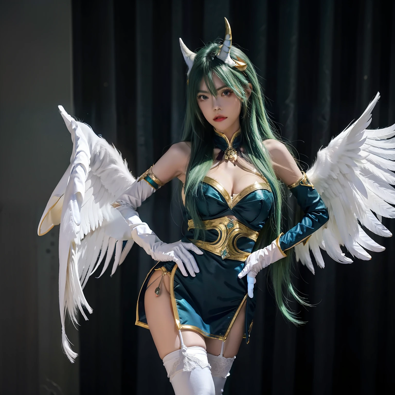 beach, soraka \(league of legends\), star guardian \(league of legends\), hands on hip, star guardian soraka, league of legends, highres, 1girl, alternate costume, alternate eye color, alternate hair color, alternate hairstyle, asymmetrical gloves, breasts, cowboy shot, gloves, green hair, horns, long hair, low wings, single horn, solo, thighhighs, uneven gloves, very long hair, white gloves, white thighhighs, white wings, wings