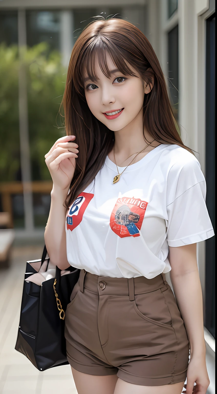 ((Realistic lighting、top-quality、8K、Master masterpiece:1.3))、Clear focus:1.2、a 1 girl、Perfect Body Beauty:1.4、Slim abs:1.1、full body Esbian、((dark brown hair、large full breasts:1.3))、(Acceleration:1.4)、(outside of house、Daylight:1.1)、View of Waikiki Beach、Palm Tree、Slender face、Fine eyes、二重まぶた、Fashion Model Pose、Floating hair、tshirts、Pendants、Angel Smile
