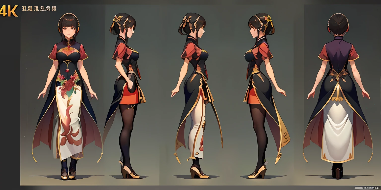 Masterpiece, Best Quality, (Very Detailed CG Unit 4k Wallpaper), (Best Quality), (Best Illustration), (Sharp Face), (Best Shadow), (((Character Sheet))), Concept Art, (Full Body, Masterpiece: 1.2), (Best Quality: 1.3), 1 person, A beautiful girl in cheongsam, Insecure pose, Brunette hair, Standing