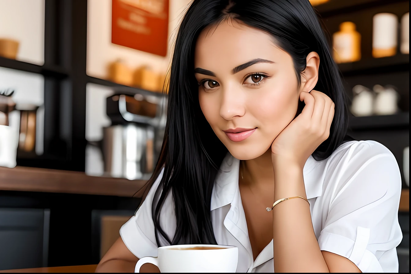 a woman with black hair drinking a cup of coffee in a cafe, drinking a coffee, drinking tea, woman drinking coffee, drinking coffee, drinking a cup of coffee, enjoying coffee at a coffee shop, coffee smell, is ((drinking a cup of tea)), with a white mug, portrait of morning coffee, stock image, woman, next to a cup