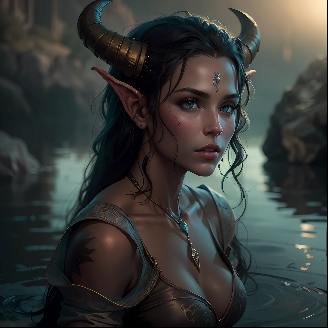 Uma morena tiefling nua em um lago, Realistic, Charismatic, Muitos detalhes, Tema Fantasia Medieval, cabelos longos com franja, 25 anos, corpo inteiro, rosto da princesa, corpo definido, Realismo, Cinematic lighting, de cima, super detalhe