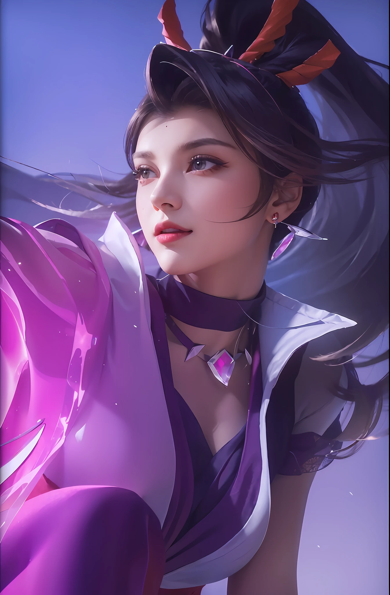 (close up:1.6), masterpiece, best quality, 8k, absurdres, beautiful girl, pretty face, looking at viewer, smile, (dark red dress:1.7), ruby earrings, ruby necklace, teen, cute, (smokey red eye shadow with glitter, glazed pinkish red lips:0.8), ultra realistic, highres, photography, film grain, chromatic aberration, sharp focus, HDR, facelight, dynamic lighting, cinematic lighting, professional shadow, simple background, (dull blue background:1.3), highest detailed, extreme detailed, ultra detailed, finely detail, real skin, delicate facial features, detailed face and eyes, sharp pupils, realistic pupils, purpel eyes, purpel lips