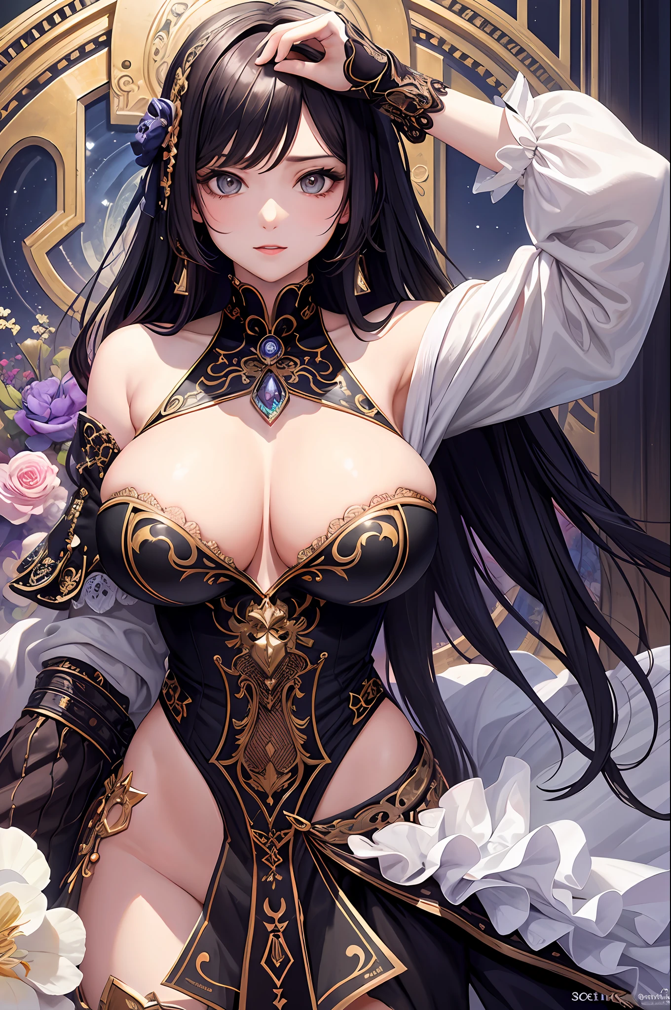 (tmasterpiece,top Quority,best qualtiy,offcial art,Beauty and aesthetics:1.2),(1girl),Extremely detailed,(s fractal art:1.3),extremely colorful,Most detailed,Breasts with big breasts,exposing her chest