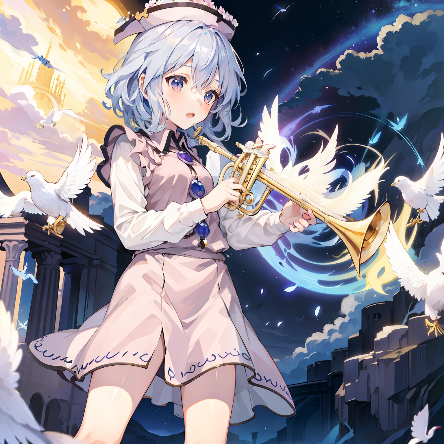 Merlin Rhythm River playing trumpet, masutepiece, Fine detail, 4K, 8K, 12K, Solo, One Person, Beautiful Girl, caucasian female, Merlin Rhythm River, spring, birds flying away, Air
