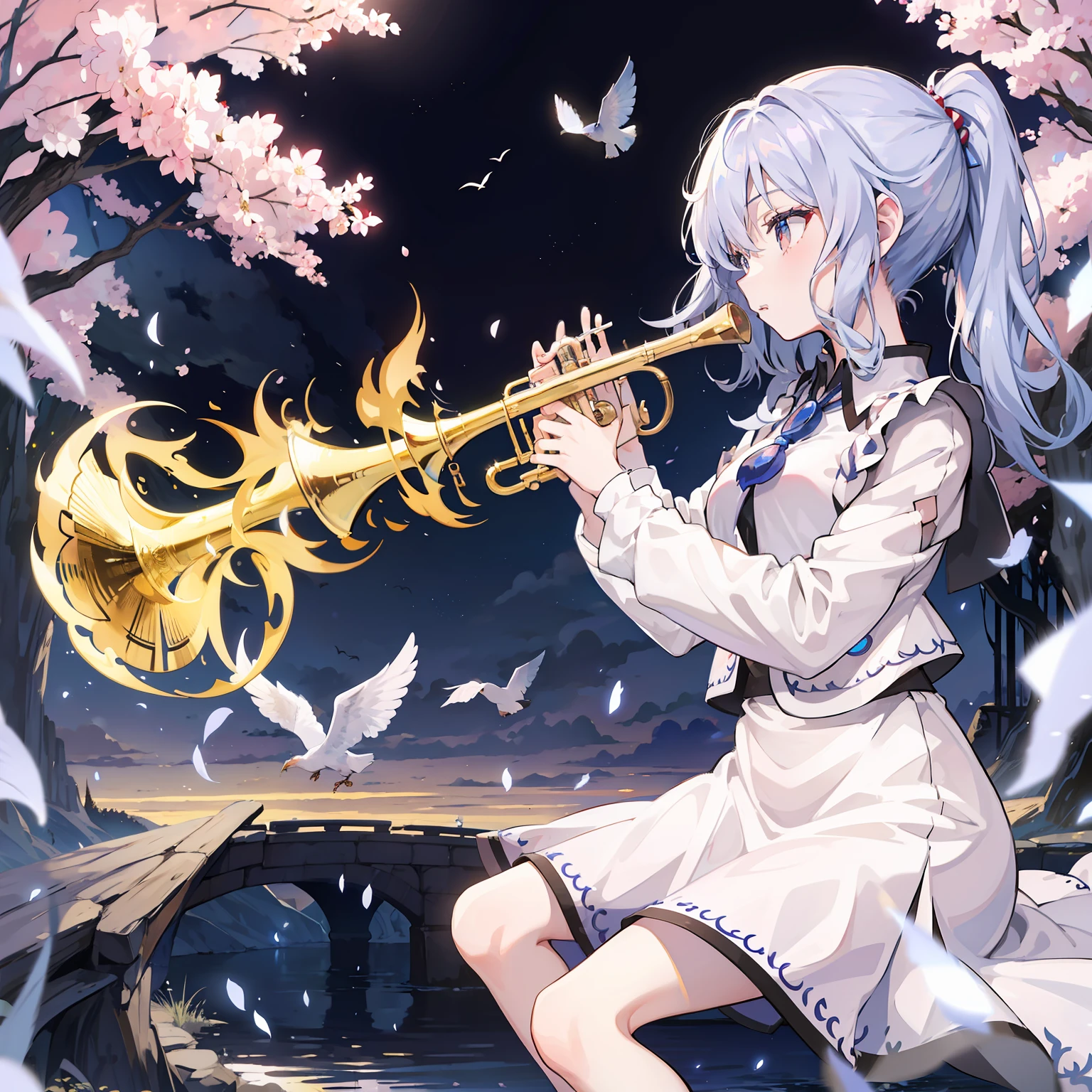 Merlin Rhythm River playing trumpet, masutepiece, Fine detail, 4K, 8K, 12K, Solo, One Person, Beautiful Girl, caucasian female, Merlin Rhythm River, spring, birds flying away, Air