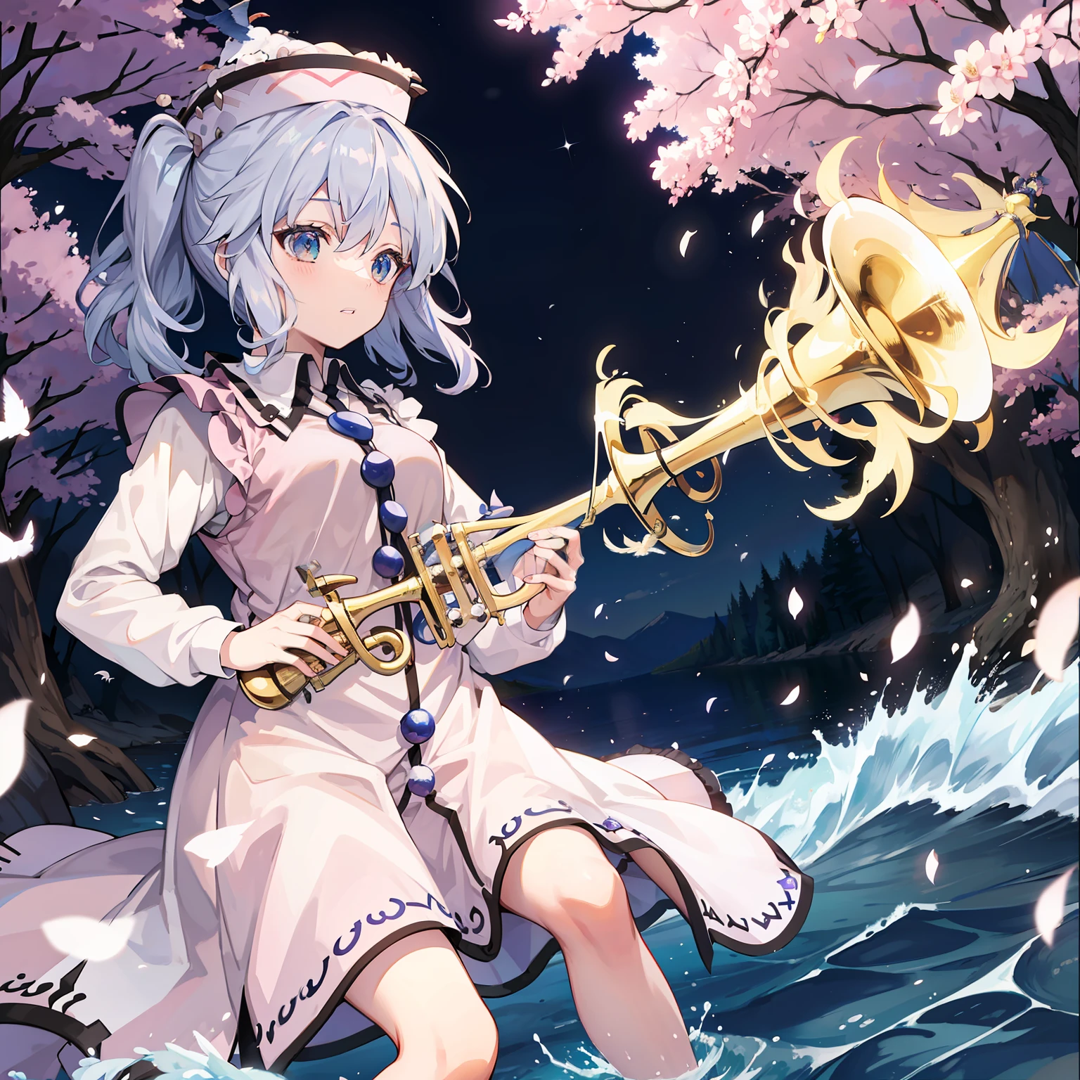 Merlin Rhythm River playing trumpet, masutepiece, Fine detail, 4K, 8K, 12K, Solo, One Person, Beautiful Girl, caucasian female, Merlin Rhythm River, spring, birds flying away, Air