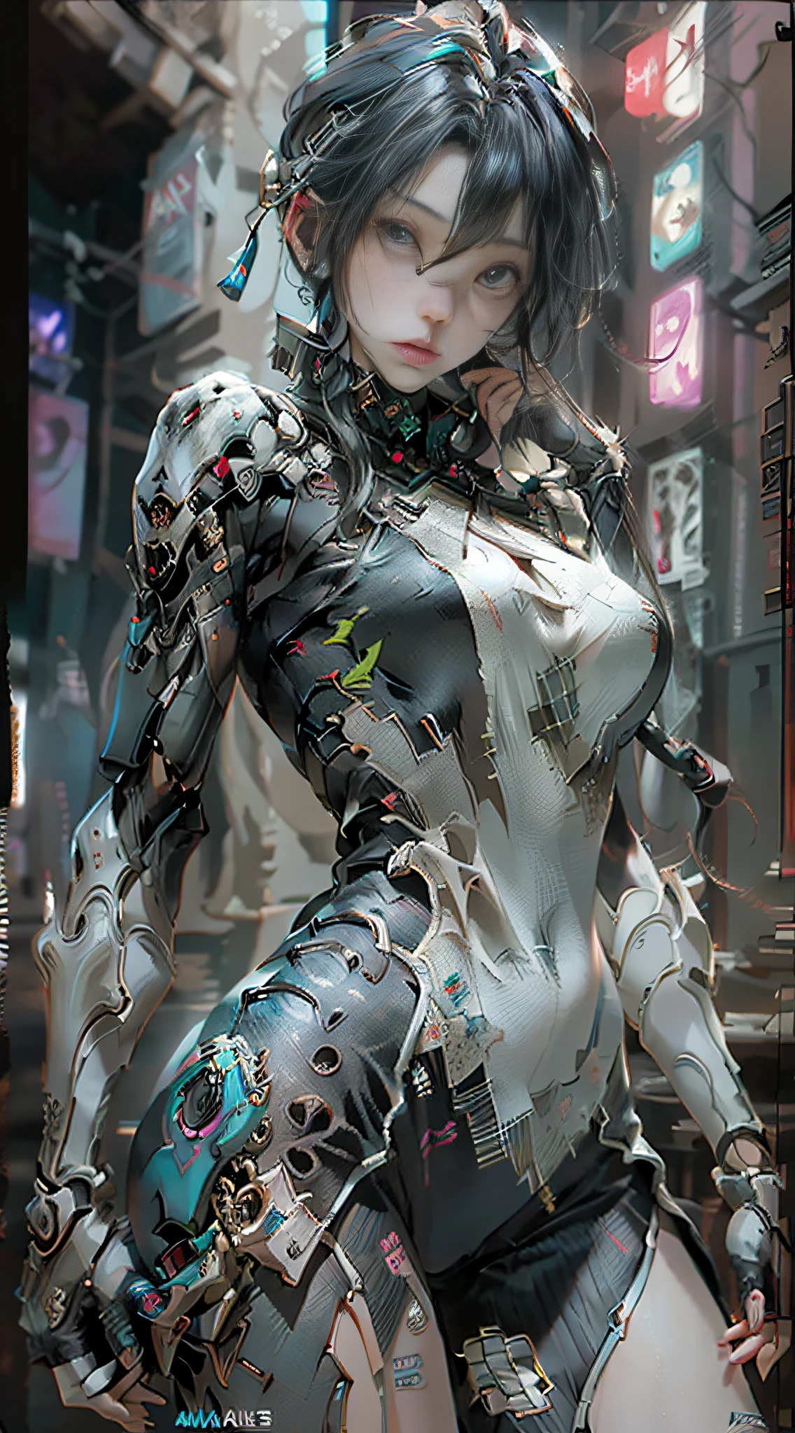 (Best Quality), ((Masterpiece), (Detail: 1.4), 3D, A Beautiful Cyberpunk Female Figure, HDR (High Dynamic Range), Satin Clothing, Ray Tracing, Black Cheongsam, NVIDIA RTX, Super-Resolution, Unreal 5, Subsurface Scattering, PBR Texture, Post Processing, Anisotropy Filtering, Depth of Field, Maximum Sharpness and Sharpness, Multi-layer Texture, Albedo and Highlight Maps, Surface Shading, Accurate simulation of light-material interactions, perfect proportions, Octane Render, two-color light, large aperture, low ISO, white balance, rule of thirds, 8K RAW,