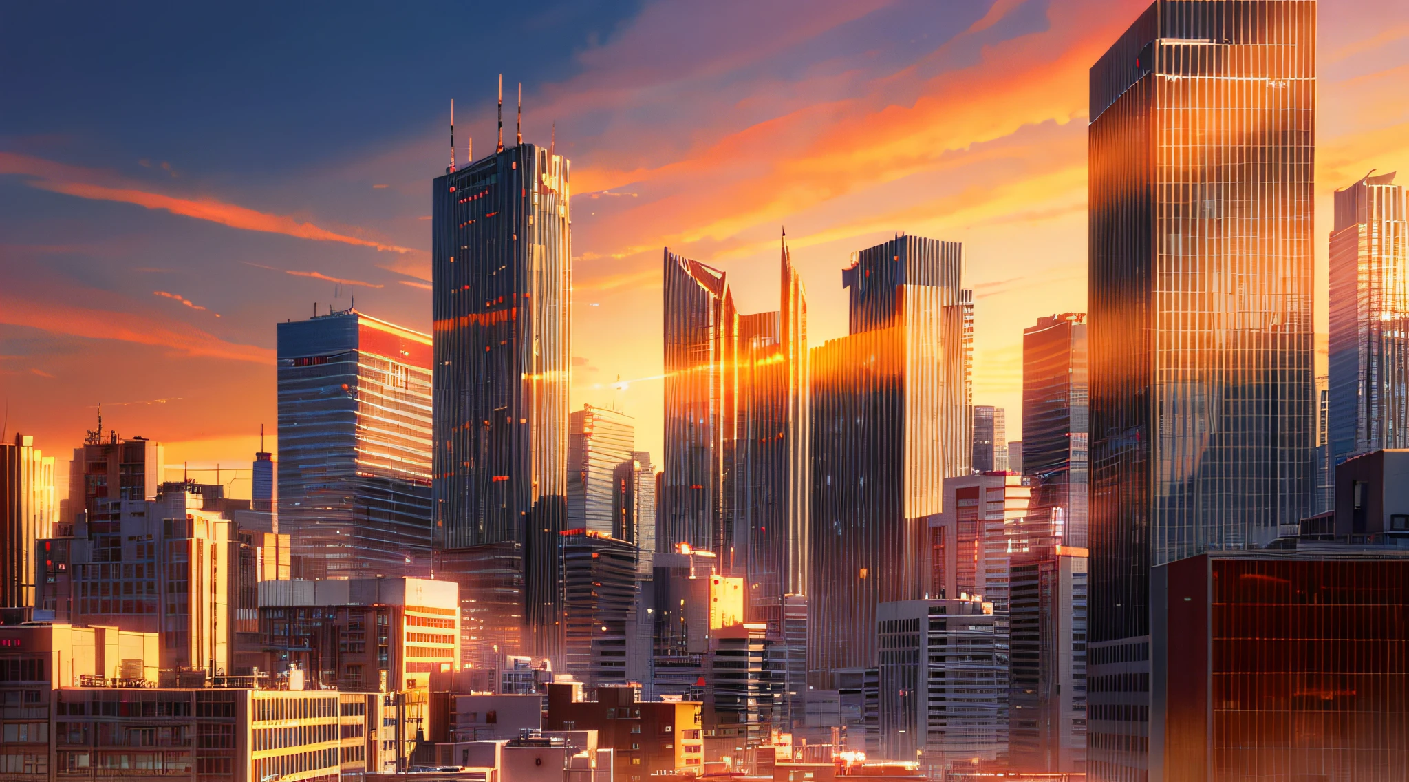 (Masterpiece: 1.2, highest quality), (Lighting) 3, detailed anime-style illustrations, urban buildings dyed by the setting sun looking up from below, buildings in shadow and looking dark and hazy. The entire screen is bright red, Makoto Shinkai, anime style, and the sky is also dyed bright red.
