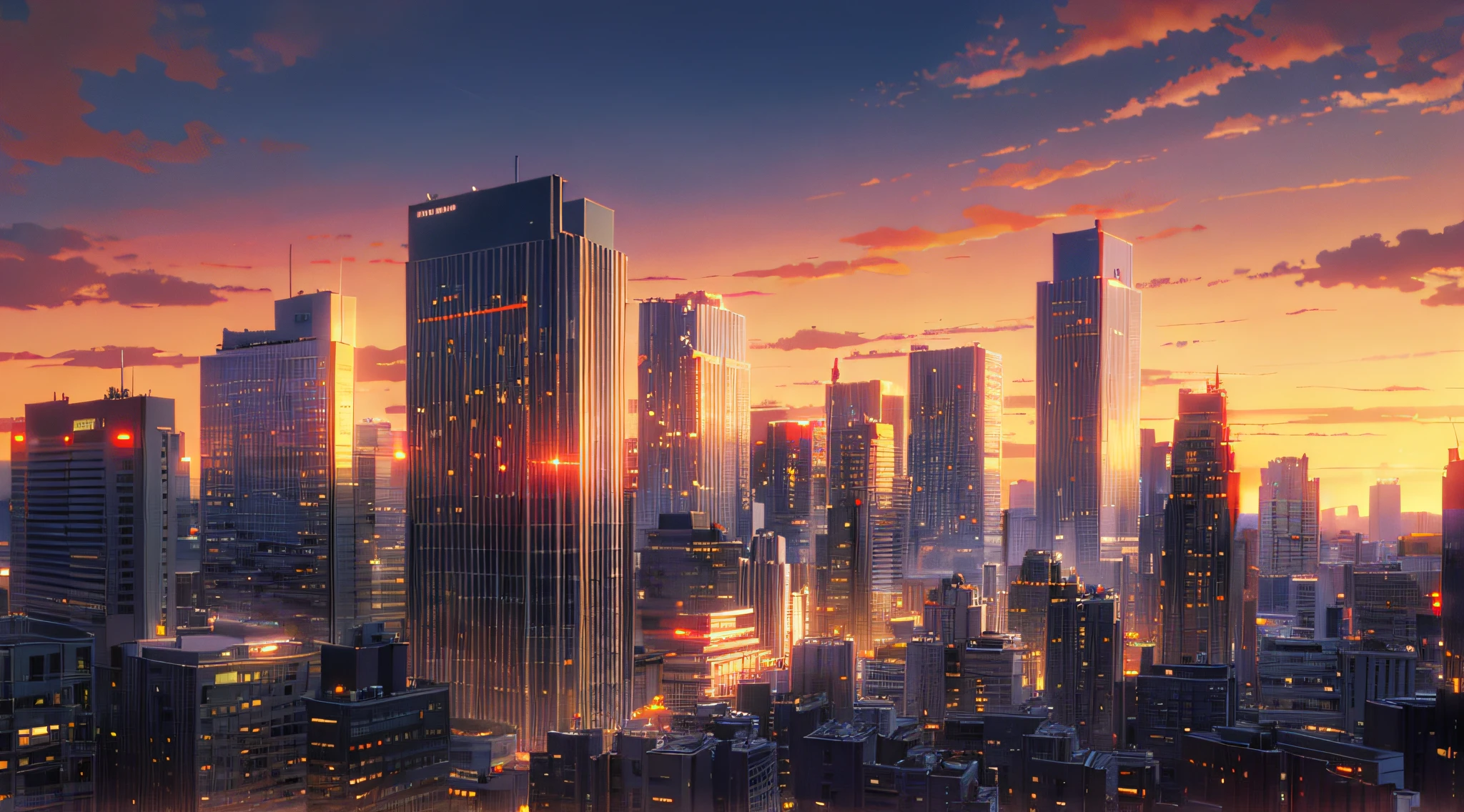 (Masterpiece: 1.2, highest quality), (Lighting) 3, detailed anime-style illustrations, urban buildings dyed by the setting sun looking up from below, buildings in shadow and looking dark and hazy. The entire screen is bright red, Makoto Shinkai, anime style, and the sky is also dyed bright red.