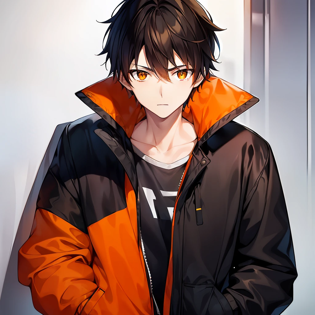 )1 teenage boy with short, tousled brown hair, wearing an orange jacket over a crisp white shirt, green eyes.)(1 young boy with hands casually tucked in the pockets of a black-orange jacket. His pale yellow eyes and jet-black hair) 2 characters