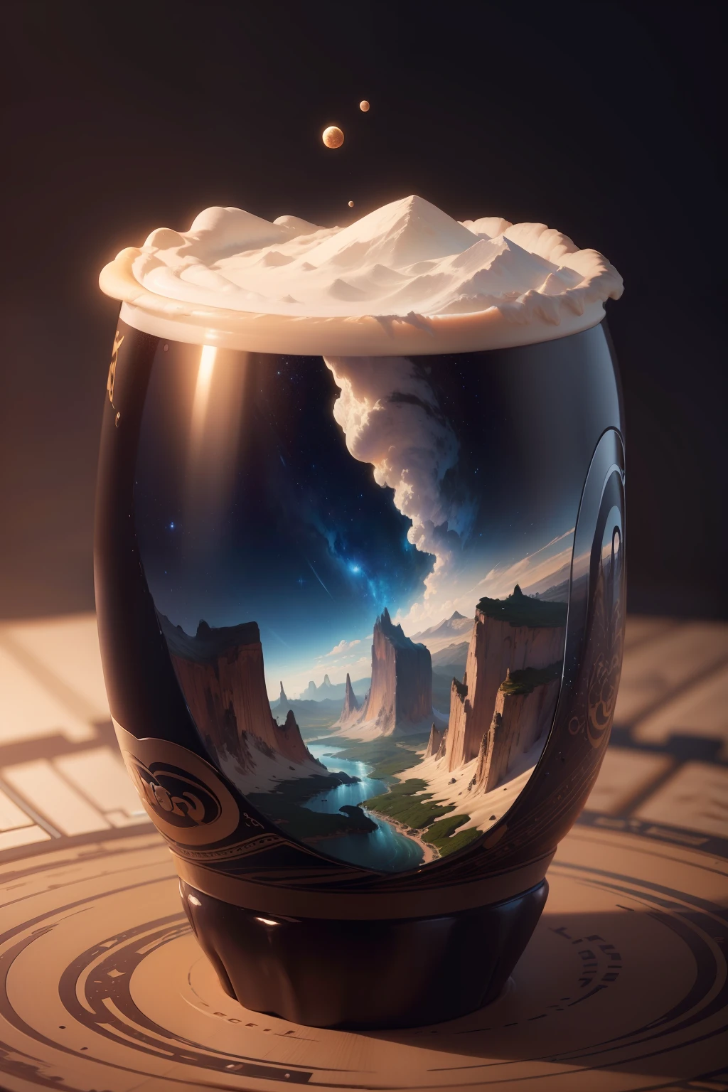landscape, cosmic coffe cup (extremely detailed CG unity 8k), most beautiful artwork in the world,professional majestic oil painting,intricate, High Detail, Sharp focus, dramatic, photorealistic painting art