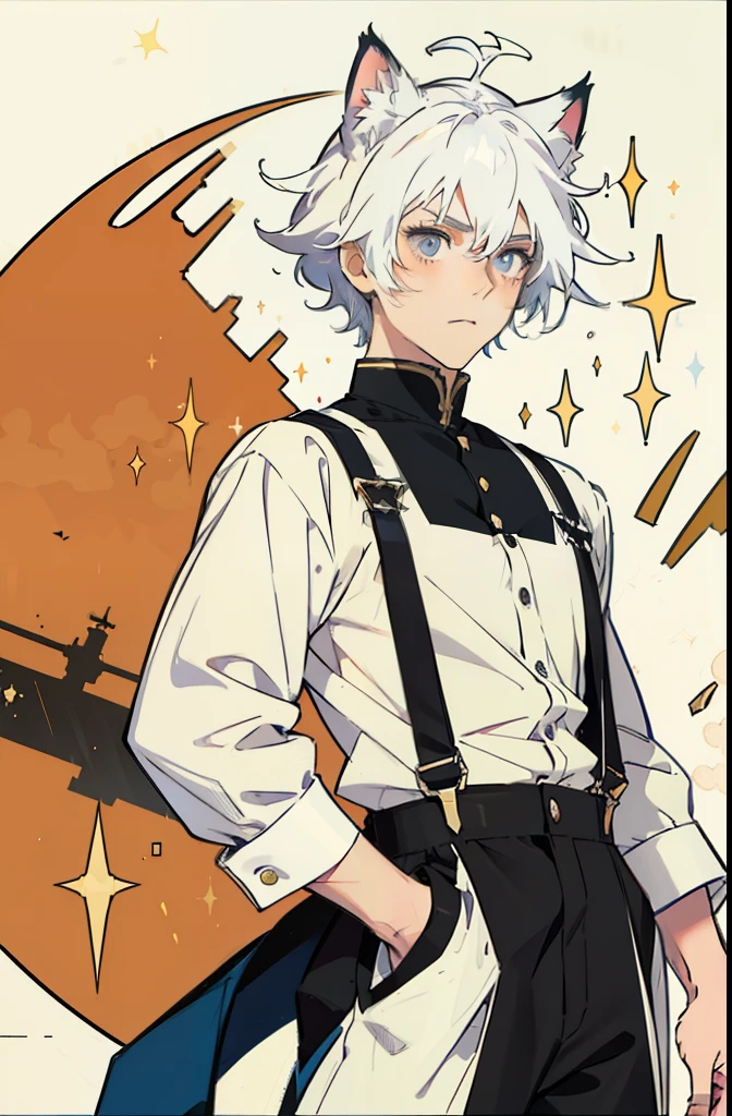 White hair, Cat ears, Suspenders, shoun,dwarf,male people, infancy, full bloom, Sparkle, stereograms, anime big breast, Cowboy shot, hyper HD, Masterpiece, Textured skin, high detal,Textured skin,
