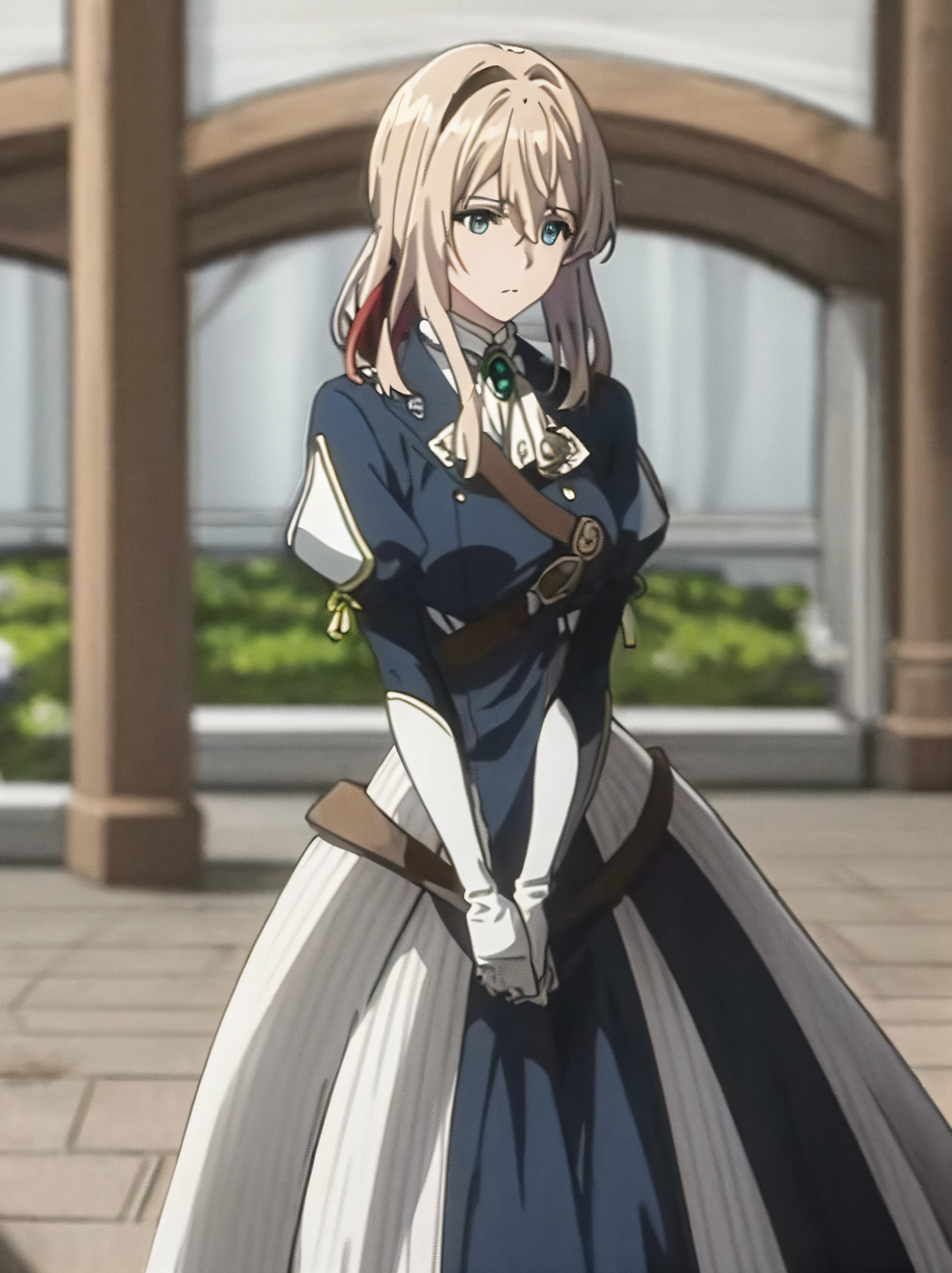 Best quality at best，tmasterpiece，highly  detailed，anime big breast，1girll，The upper part of the body，violet_evergarden，mediuml breasts，s the perfect face，blond hairbl，red hairband，eBlue eyes，glowing light eyes，blue jacket，longer sleeves，white dresses，Green gemstones，brown gauntlets，exteriors，the street，depth of fields，looking at viewert，expressiveless，suitcases