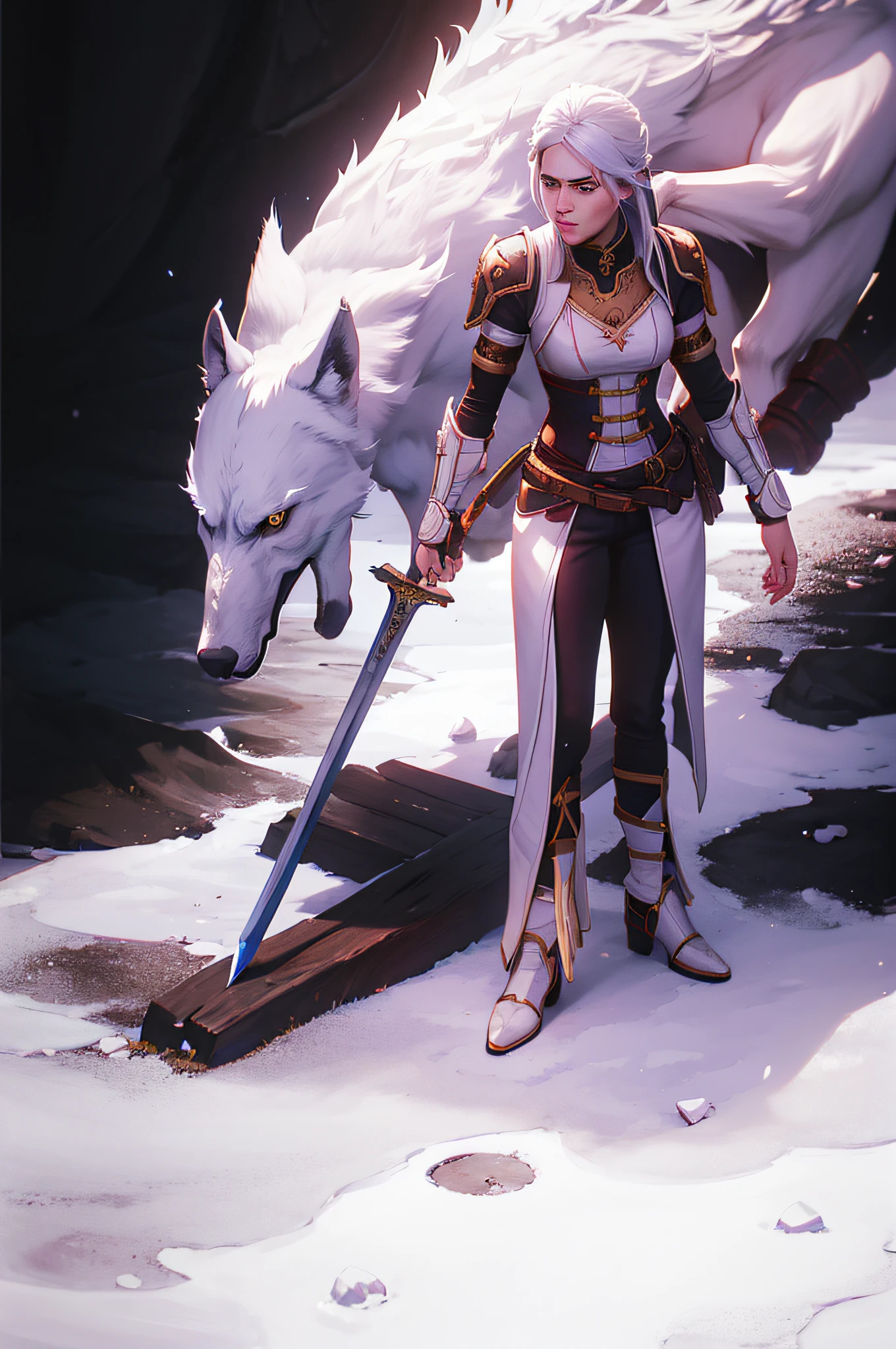 ((Best quality)), ((Hyper-Resolution)), (Intricate details),Female warrior with sword,standing in fire,Next to it stood a white wolf,The hair on the white wolf is more detailed,The floor was littered with corpses