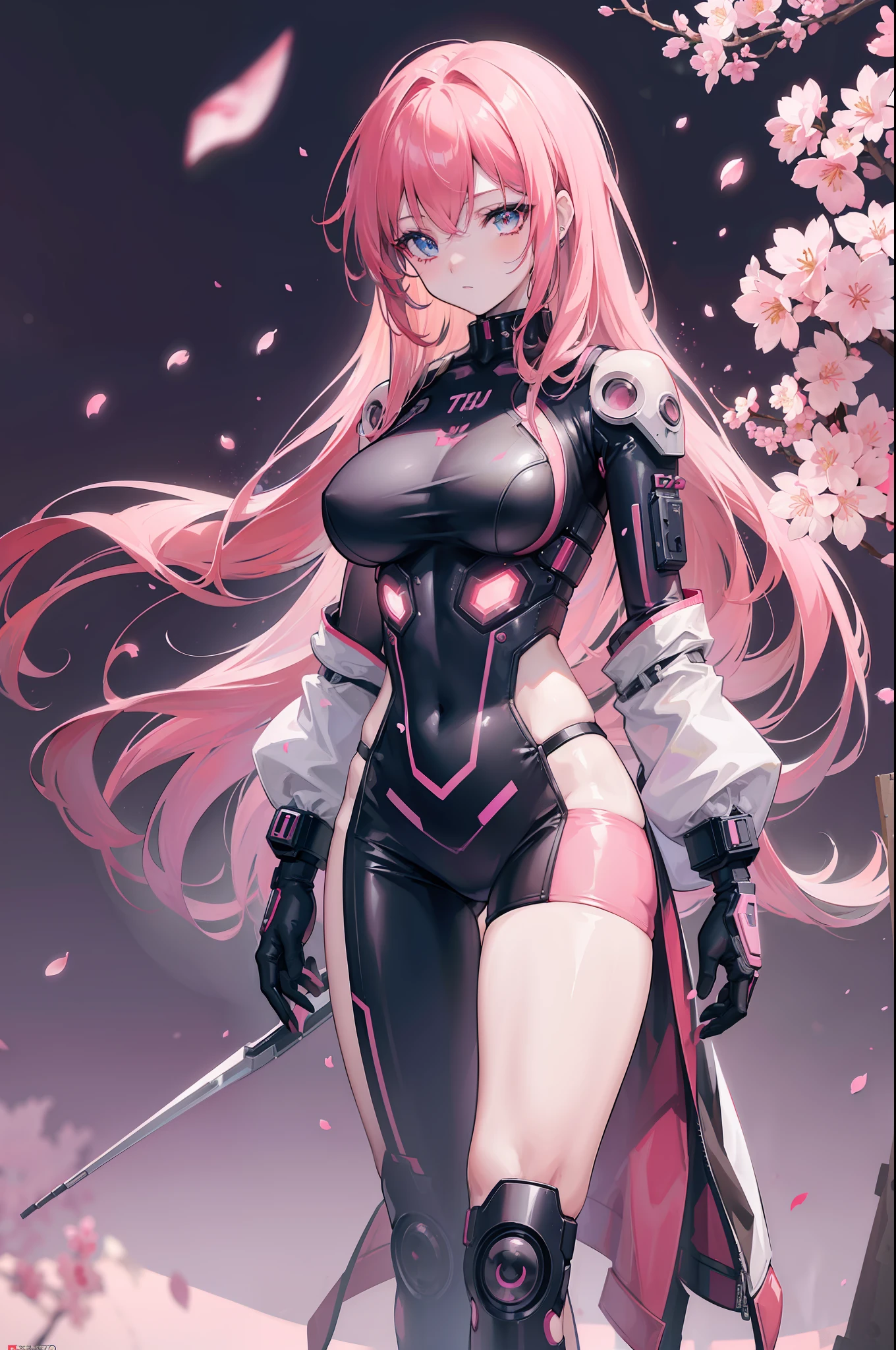 ((cyberpunk-style female torso)), ((artistic)), ((cherry blossom petals in the background)), revealing outfit, colorful long hair, glitter, UHD, retina, masterpiece, accurate, ultra Detailed, High Detail, High Quality, Award Winning, Highest Quality, High Definition, 1080P, HD, 4K, 8k, 16k