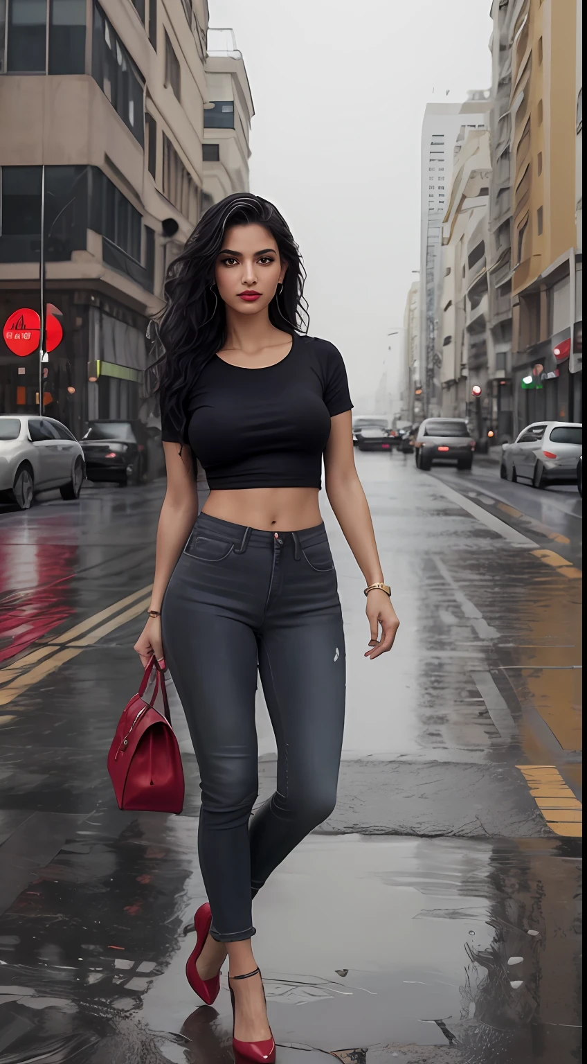 ((Best Quality, 8k, Masterpiece:1.3)), Focus: 1.2, Perfect Body Beauty: 1.4, front looking 1.2, (black wavy short hairstyle)), 27 years old Arabian beauty, (Round neck plain Black Baggy Tee-shirt, baggy style, full length:1.1) , (rainy day, Street:1.3), Damage grey jeans, full length dark gray tight rip jeans: 1.1, Highly detailed face and skin texture, highly detailed hand fingers, highly detailed nose, highly detailed fingers nails, Detailed eyes, Double eyelids, toned body, Whitened skin, black wavy hair, Large prominent breasts,  Nipples visible, no bra underneath, firm thighs, looking at camera, fashion shoot style, full body length tee-shirt, Short sleeves, small earrings, lots of fashion hand bands, bangle's, golden watch. Carrying brown leather hand bag, Red lipstick, regular fit Tee-shirt without print, long street, buildings, cars headlights on, rainy weather, no umberella carrying, wet hairs in rain, wet Teeshirt, dark cloud's, walking style, middle eastern beautiful women, model shoot, building's, neon signs, Smokey atmosphere, high rise buildings, open legs, sitting on long stool center on street, modeling style, fashion shoot styling. Pump's shoe's, coat shoes, standing style wide legs, black plain basic tee-shirt