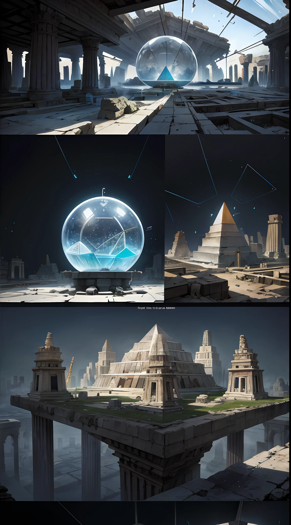 Future building complex,Transparent film spherical house,cubes,fluid mechanics,Transparent pyramid,Full detail,Cyberspace,Ancient ruins,Nostalgic apocalypse