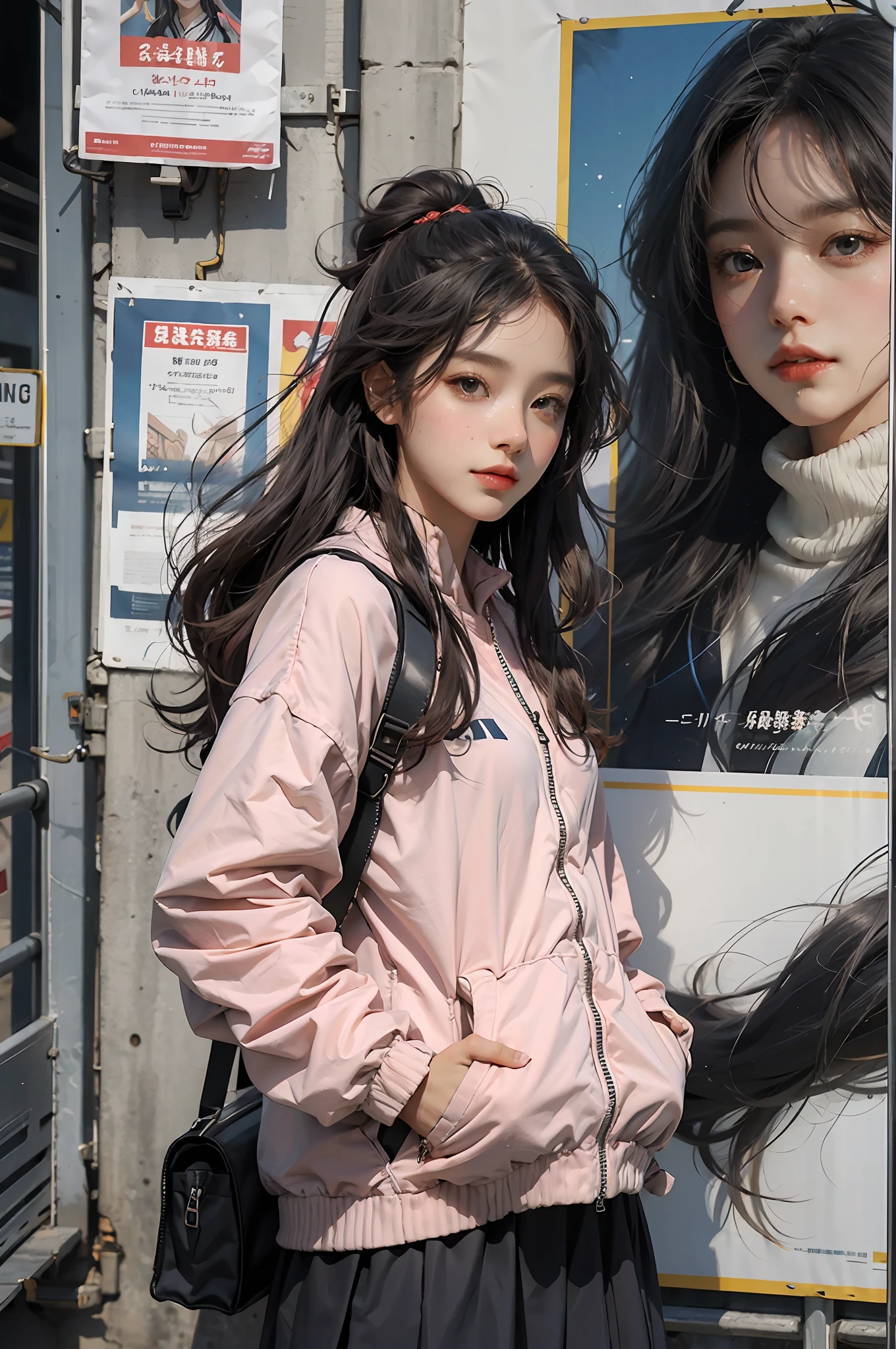 One long hair Girl,Stylish sweatshirt, Windbreaker long skirt,Poster on the front,Poster Chinese,The color of the clothes is bright and simple,Cute, Very aesthetic,Realistic style anime,ssmile,self-assured,Put your hands in your pockets,tmasterpiece,ultraclear,8K,HighestQuali,