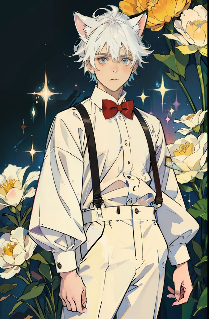 White hair, Cat ears, Suspenders, children's,dwarf,male people, infancy, full bloom, Sparkle, stereograms, anime big breast, Cowboy shot, hyper HD, Masterpiece, Textured skin, high detal,Textured skin,