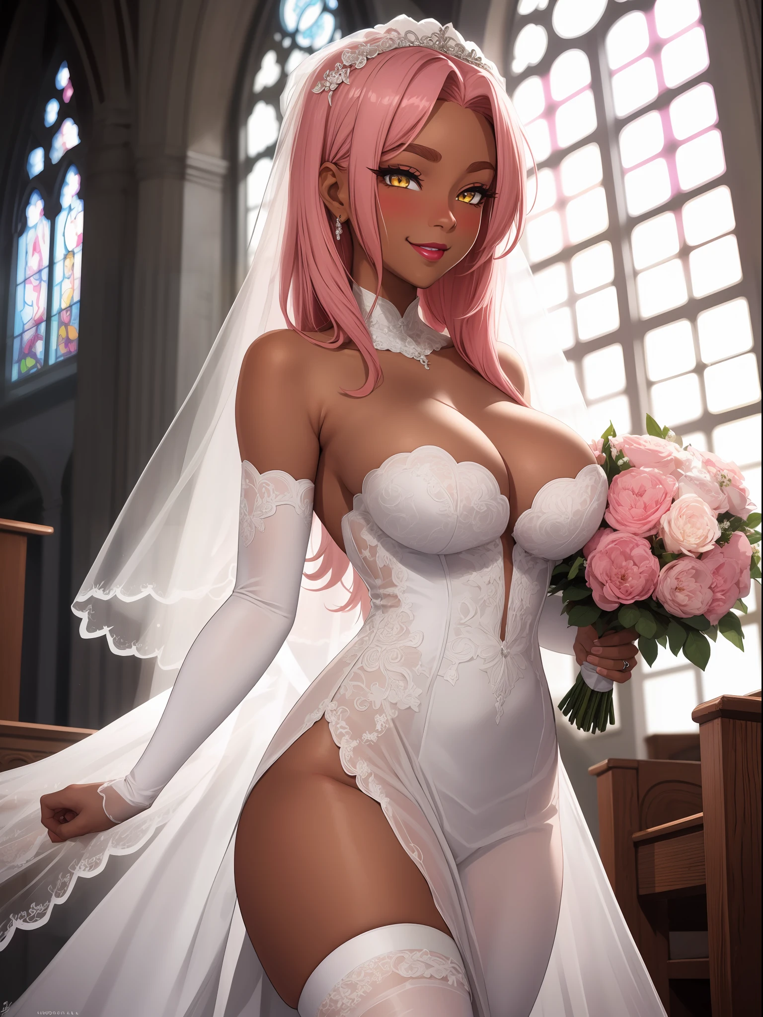 (highres, high quality:1.3), intricate details, cinematic lighting, sharp focus, depth of field, Ingrid, solo, 1girl, mature female, dark-skinned female, dark skin, cowboy shot, holding bouquet, church, morning, church, windows, sky, happy, smile, blush, pink hair, very long hair, makeup, lipstick, (mole under mouth:0.8), eyelashes, yellow eyes, detailed eyes, perfect face, wedding dress, bridal veil, bridal gauntlets, white thighhighs, large breasts, cleavage,