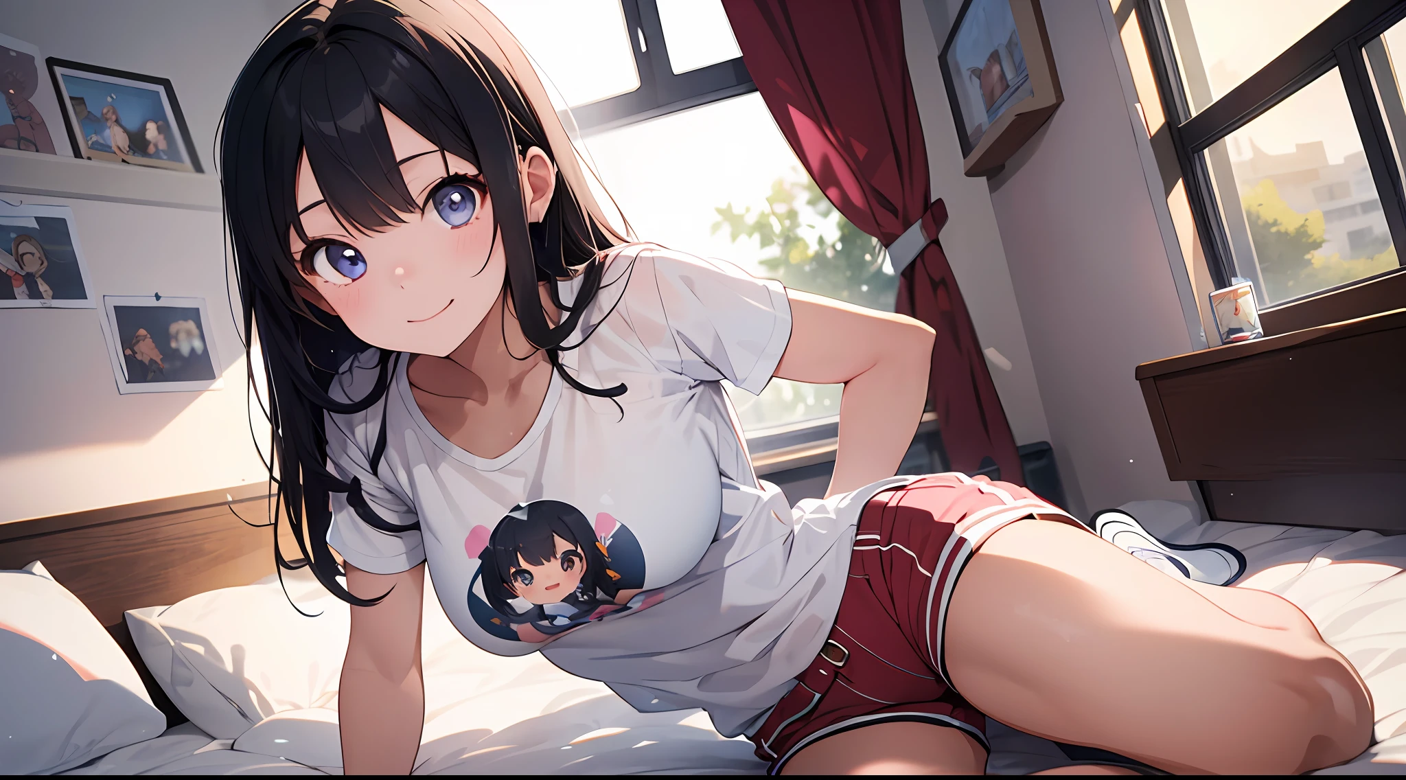 (Masterpiece, top quality, super detailed CG, beautiful detailed eyes, super detailed, intricate details:1.2), 8k wallpapers, elaborate features,
(1 person, solo:1.4)perfect cartoon illustration,(1 person, solo:1.4)
(realistic textures:0.8), high res, cute, (vivid colors, dynamic lighting:1.0), (high contrast:0.8),
Only one cute girl (junior high school student) , with bright smile , glossy black hair, white T-shirt and no bra , pink hot pants, slender legs, average breast size but well-shaped and beautiful, location on bed by window , at home, her whole body is in the illustration.
