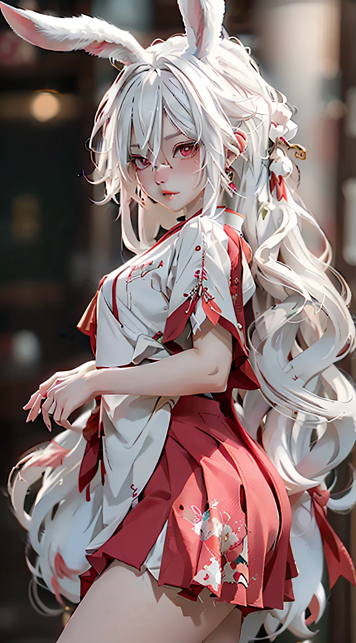Anime girl with white hair and bunny ears, red eyes, shy blush, school uniform