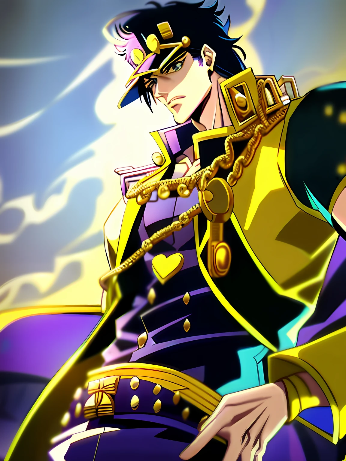 jotaro, Jotaro Kujo, jojo anime style, anime art style, jojos bizarre adventure, JOJO, Cool-headed expression, advanced digital anime art，Hand pockets，Handsome，Japan High School Student，Blackn clothes，golden accessories，with a determined look in his eyes，muscline，Calm and elegant