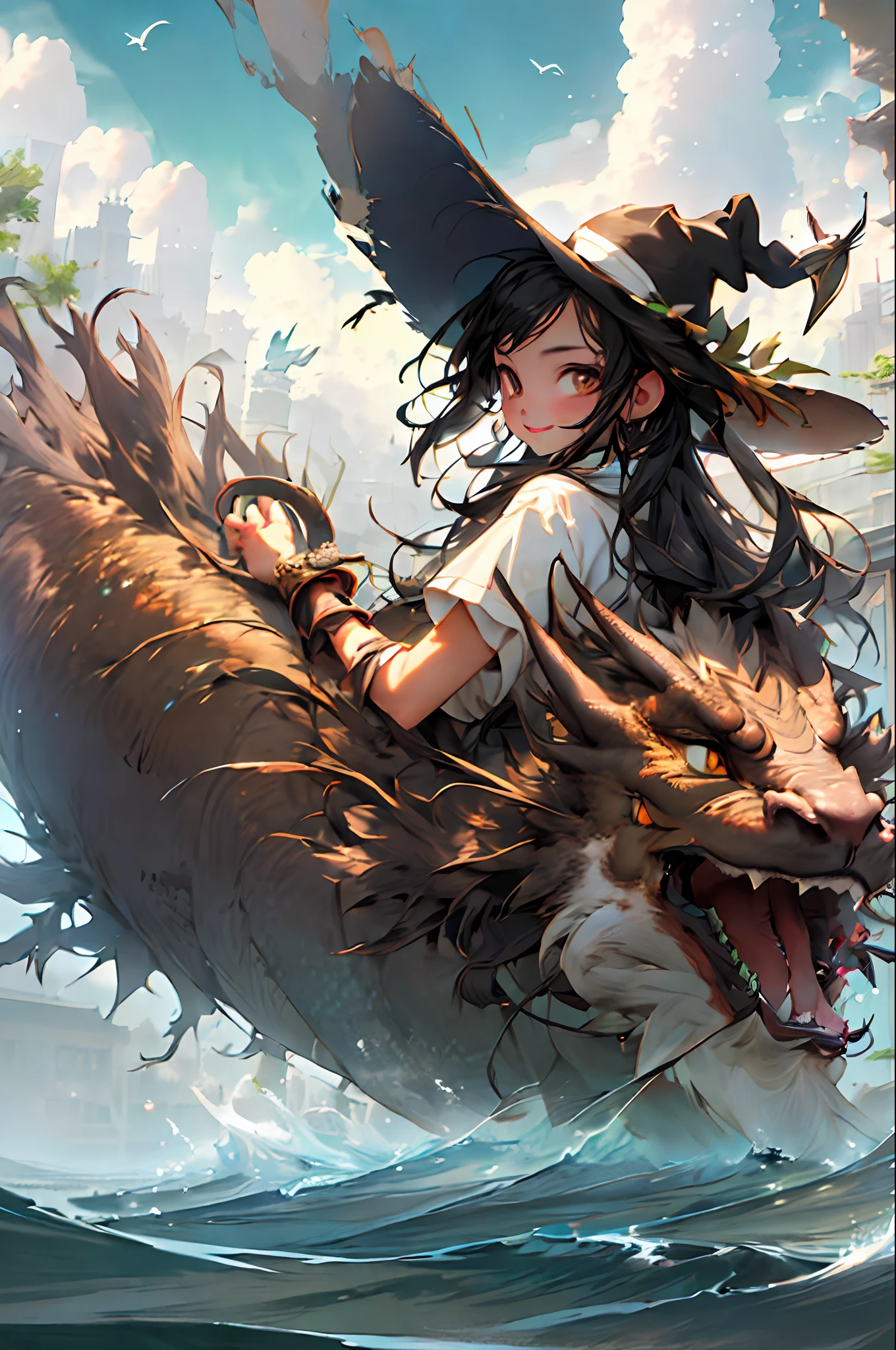 girl, letterboxed, holding, outdoors, bird, standing, cloud, 1boy, weapon, from behind, sky, cloudy sky, animal, holding weapon, eastern dragon, monster, 1other, hat, fog,
