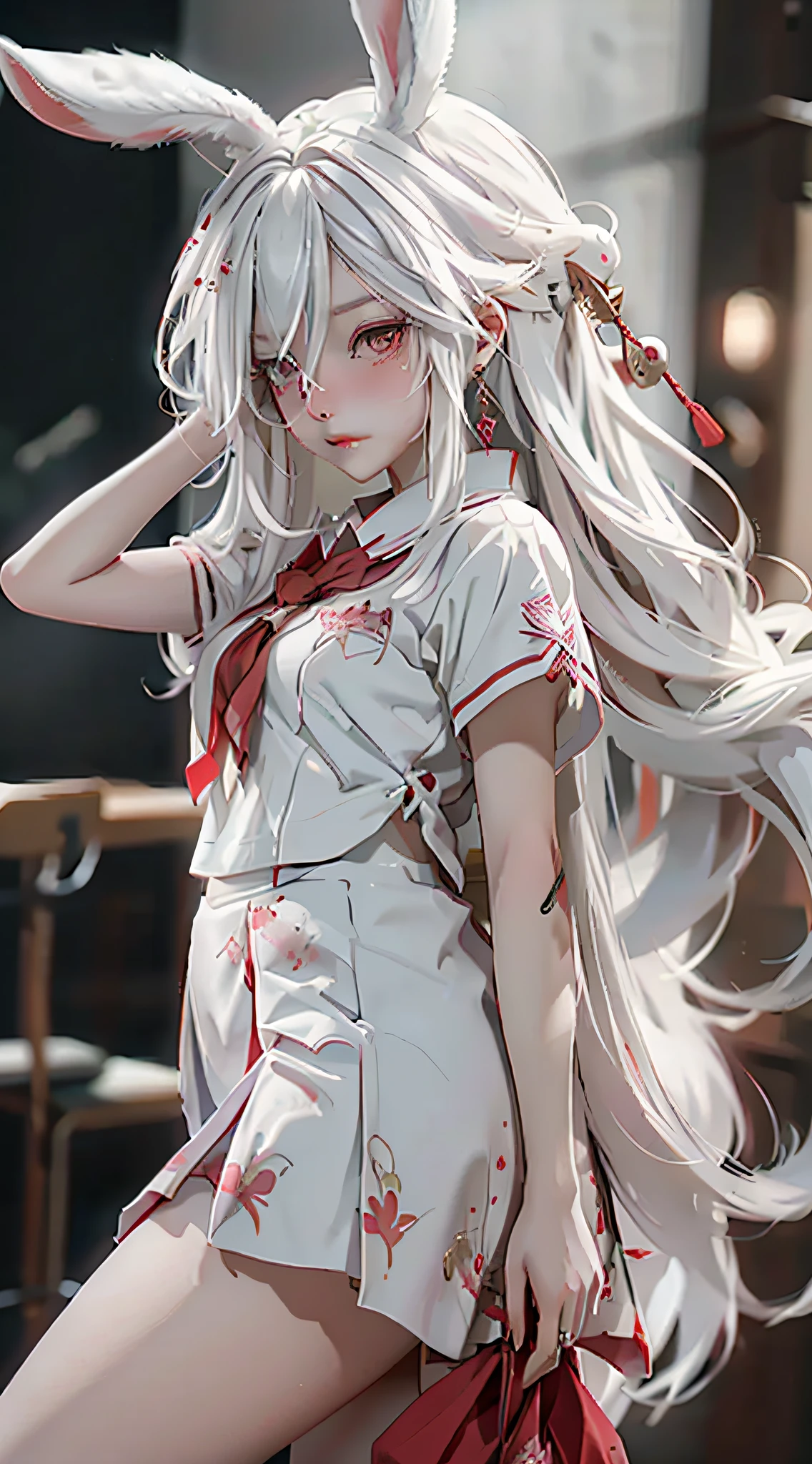 Anime girl with white hair and bunny ears, red eyes, shy blush, school uniform