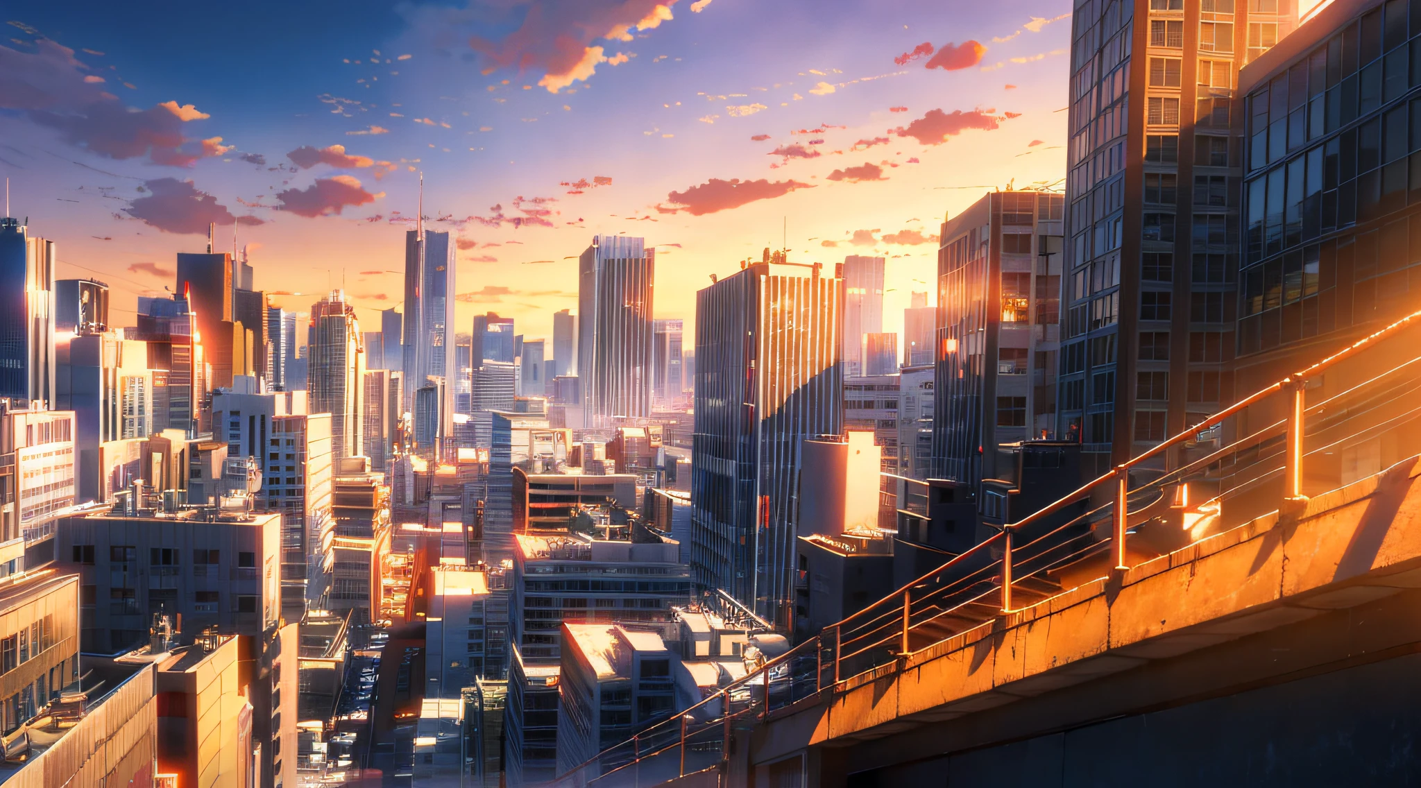 (Masterpiece: 1.2, highest quality), (Lighting) 3, detailed anime-style illustrations, urban buildings dyed by the setting sun looking up from below, buildings in shadow and looking dark and hazy. The entire screen is bright red, Makoto Shinkai, anime style, and the sky is also dyed bright red.