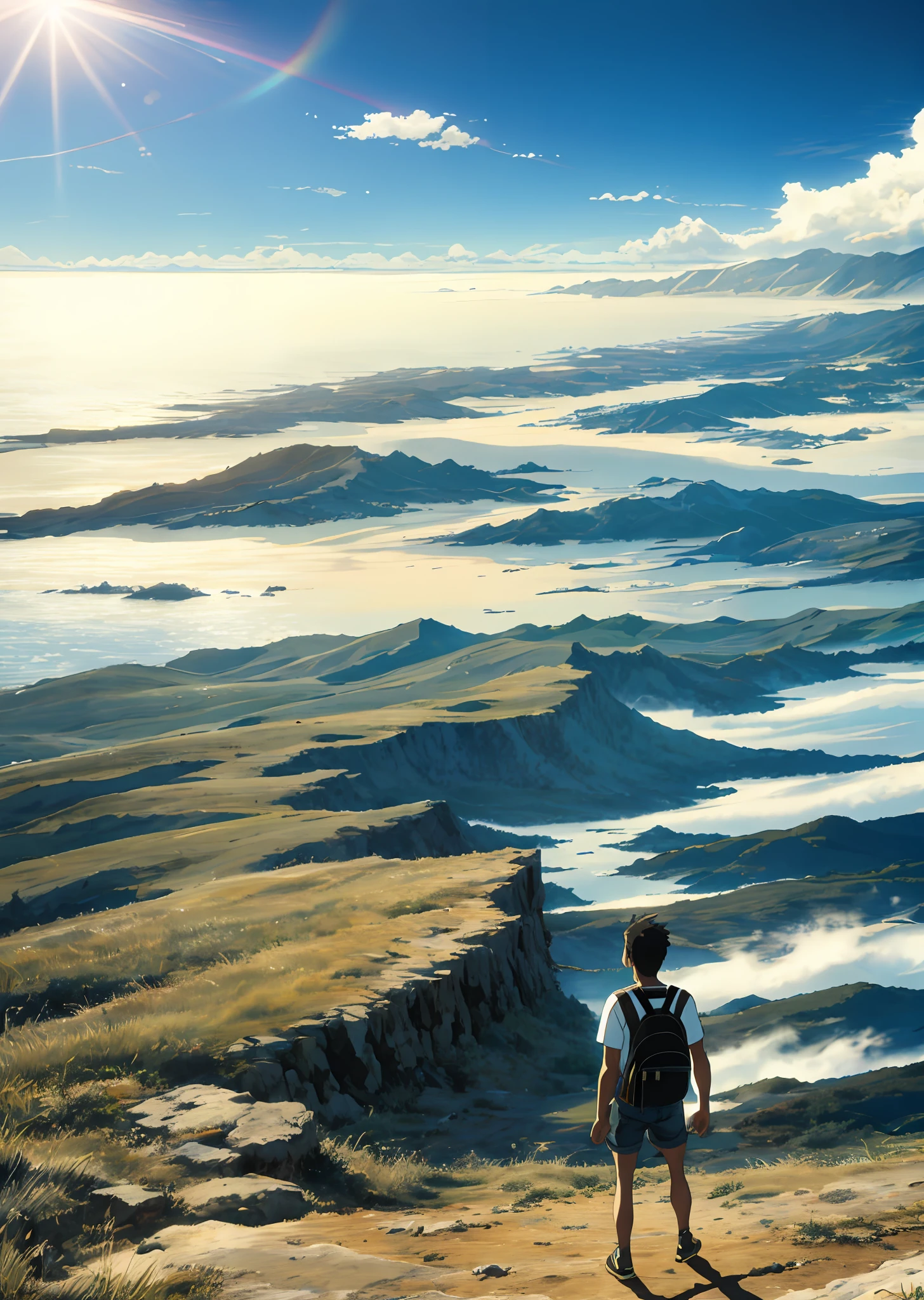 Vast sky, lindo horizonte, grandes pastagens, strong tension and dramatic frame, efeitos visuais em movimento, pendurado Estrela do Norte, luz natural colorida. Tampo de manga comprida, denim shorts, menino com mochila nas costas.