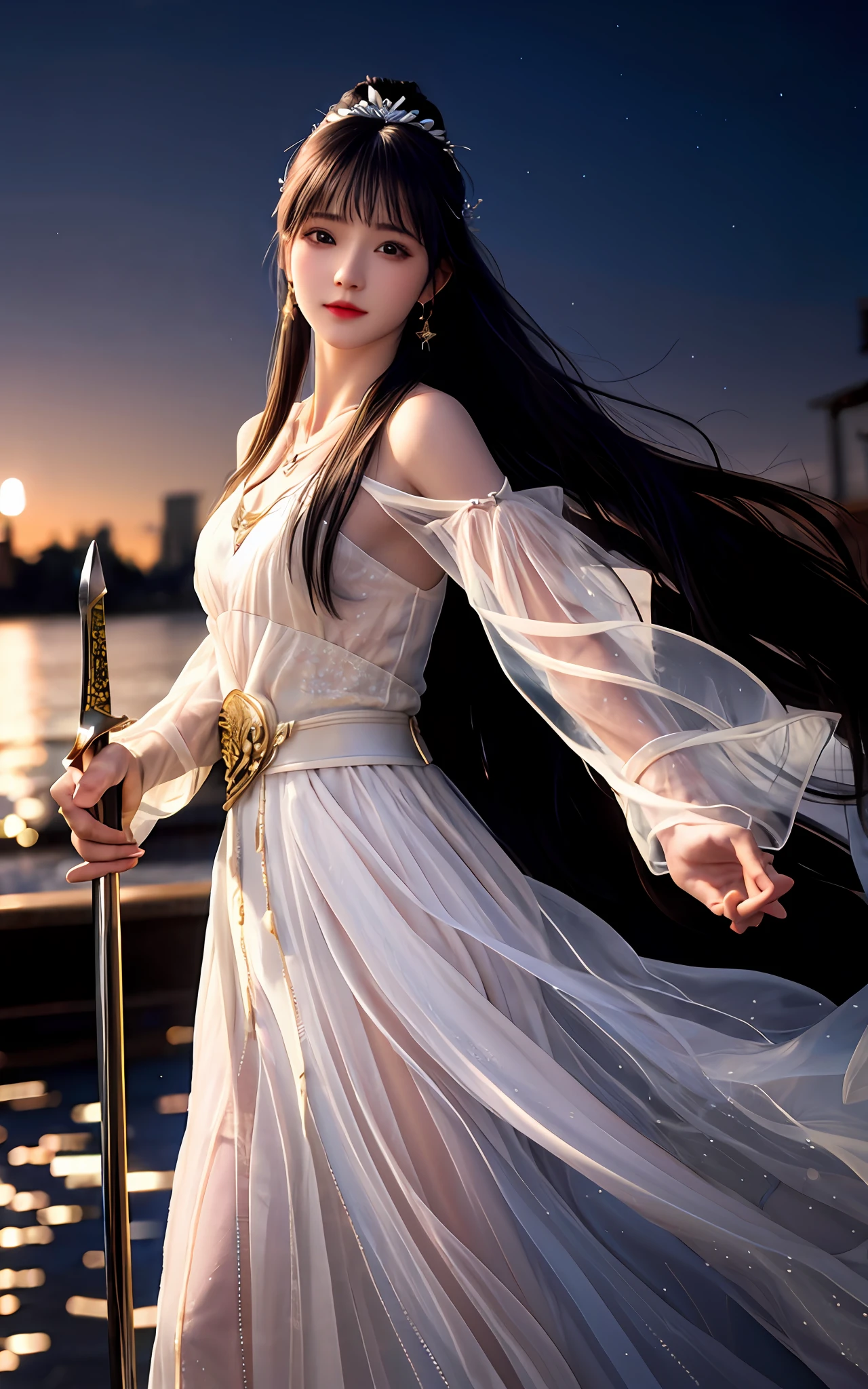 (realisticity: 1.2), best quality, masterpiece, highres, cg,
1girl, weapon, sword, long hair, dress, water, solo, jewelry, white dress, earrings, hair ornament, splashing, upper body super realistis, hair bun, black hair, city backgraun realistis,
lighting,candid, Photograph, high resolution, 4k, 8k, Bokeh,