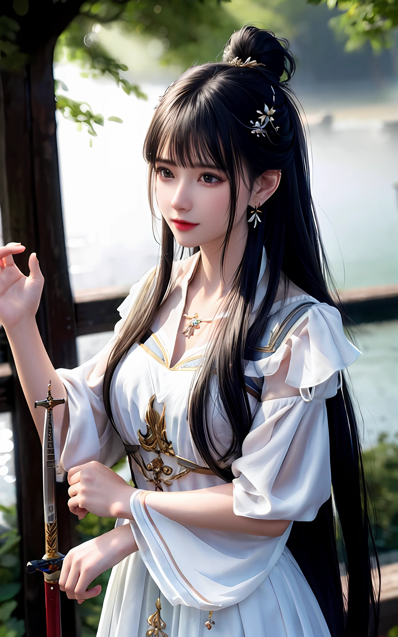 (realisticity: 1.2), best quality, masterpiece, highres, cg,
1girl, weapon, sword, long hair, dress, water, solo, jewelry, white dress, earrings, hair ornament, splashing, upper body super realistis, hair bun, black hair, city backgraun realistis,
lighting,candid, Photograph, high resolution, 4k, 8k, Bokeh,