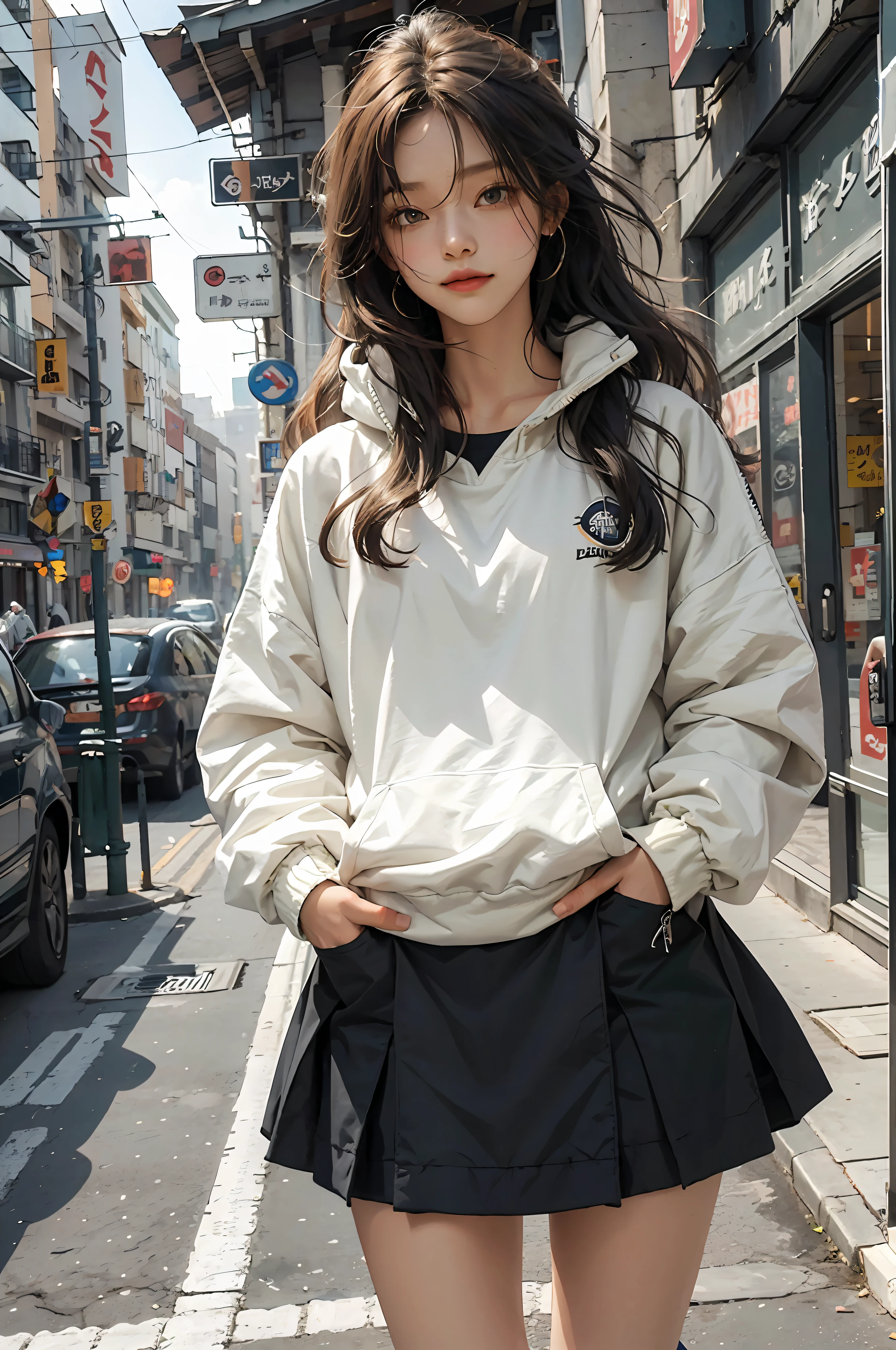 One long hair Girl,Stylish sweatshirt, Windbreaker long skirt,Poster on the front,The color of the clothes is bright and simple,Cute, Very aesthetic,Realistic style anime,ssmile,self-assured,Put your hands in your pockets,tmasterpiece,ultraclear,8K,HighestQuali,