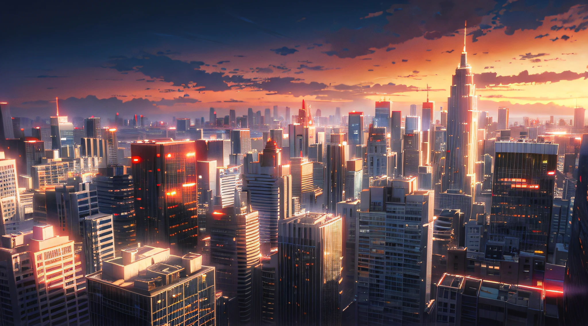 (Masterpiece: 1.2, highest quality), (Lighting) 3, detailed anime-style illustrations, urban buildings dyed by the setting sun looking up from below, buildings in shadow and looking dark and hazy. The entire screen is bright red, Makoto Shinkai, anime style, and the sky is also dyed bright red.