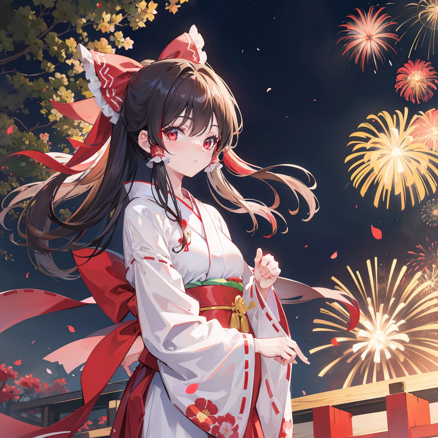 Reimu Hakurei in kimono, masterpiece, fine detail, 4k, 8k, 12k, solo, alone, beautiful girl, white woman, red dress, yukata, kimono, summer festival, night, fireworks
