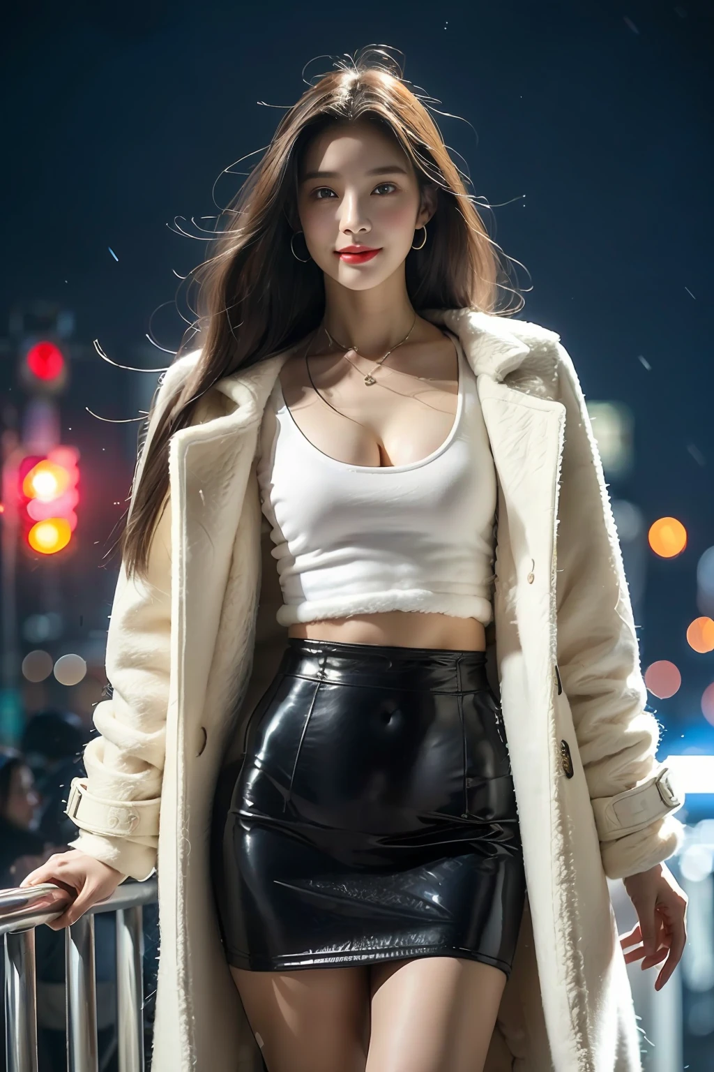 best qualtiy, tmasterpiece, 8K, 超高分辨率,(Photorealsitic:1.4),(Korean star poster-like),1girll,From head to knee,Dynamic posture,adult face,Slim,(ssmile),(contours,frontage,),whaite hair,long whitr hair,黑The eye,(big cleavage breasts),Top fashion,(White plush coat:1.5),Tube top sweater,(Short straight skirt),Panties,upper legs,(Heavy snowfall:1.5),Night view of the building,(Clear eyes),(Clear nose),(Clear lips),(shiny skins),(Fair skin),(Ultra-realistic textile textures)