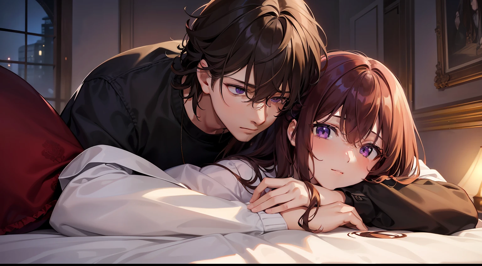 styles, masterpiece, top-quality, Special details, illustratio, Romance, a couple,reddish, tenderness, inner strength,a bed,natta, At night,Love atmosphere white and red tones, Blissful, Girl brown hair, Purple eyes, poneyTail, a couple, date, Profile of a man with black hair,Purple eyes,