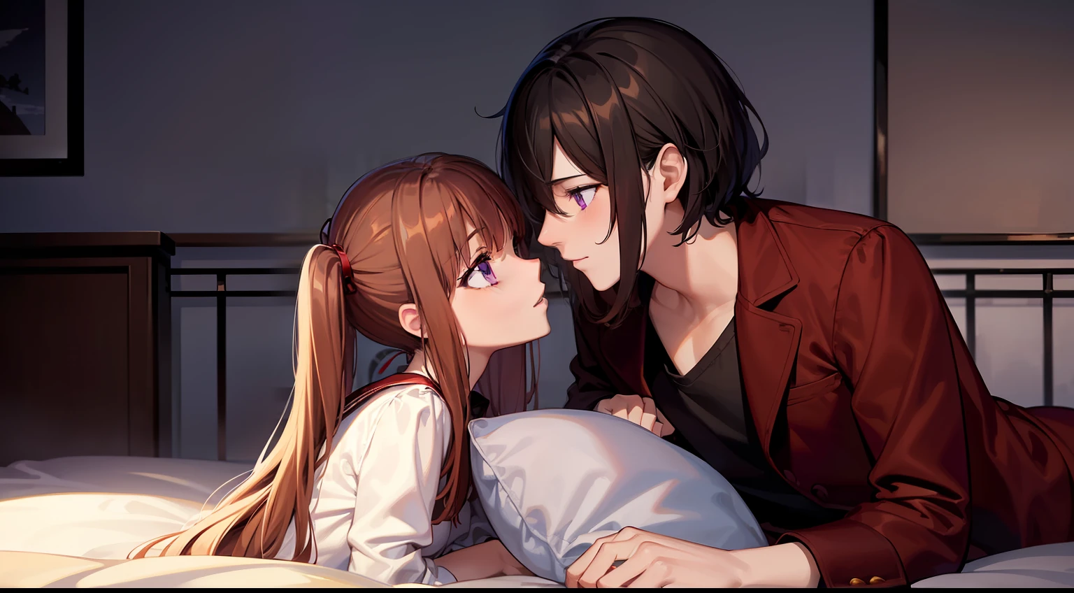 styles, masterpiece, top-quality, Special details, illustratio, Romance, a couple,reddish, tenderness, inner strength,a bed,natta, At night,Love atmosphere white and red tones, Blissful, Girl brown hair, Purple eyes, poneyTail, a couple, date, Profile of a man with black hair,Purple eyes,
