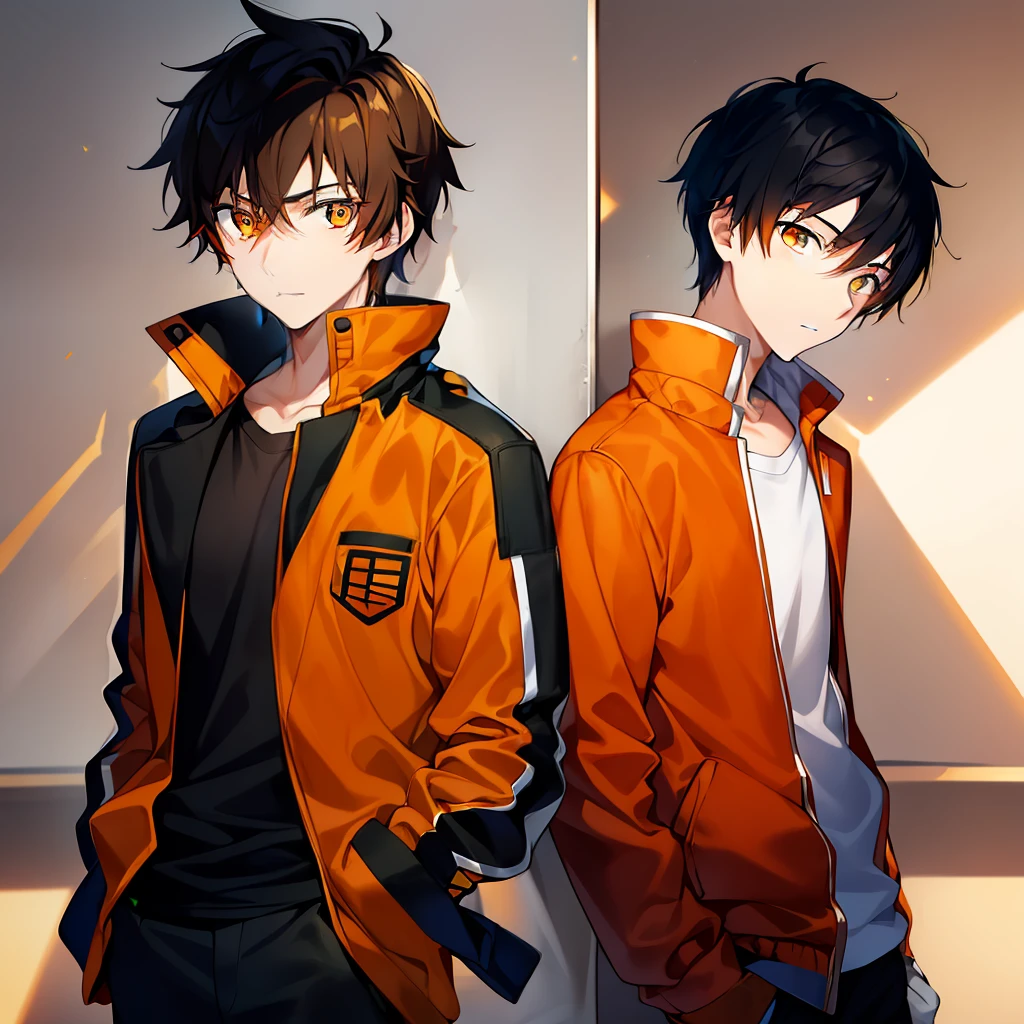 )1 ******* boy with short, tousled brown hair, wearing an orange jacket over a crisp white shirt, green eyes.)(1 young boy with hands casually tucked in the pockets of a black-orange jacket. His pale yellow eyes and jet-black hair) 2 characters