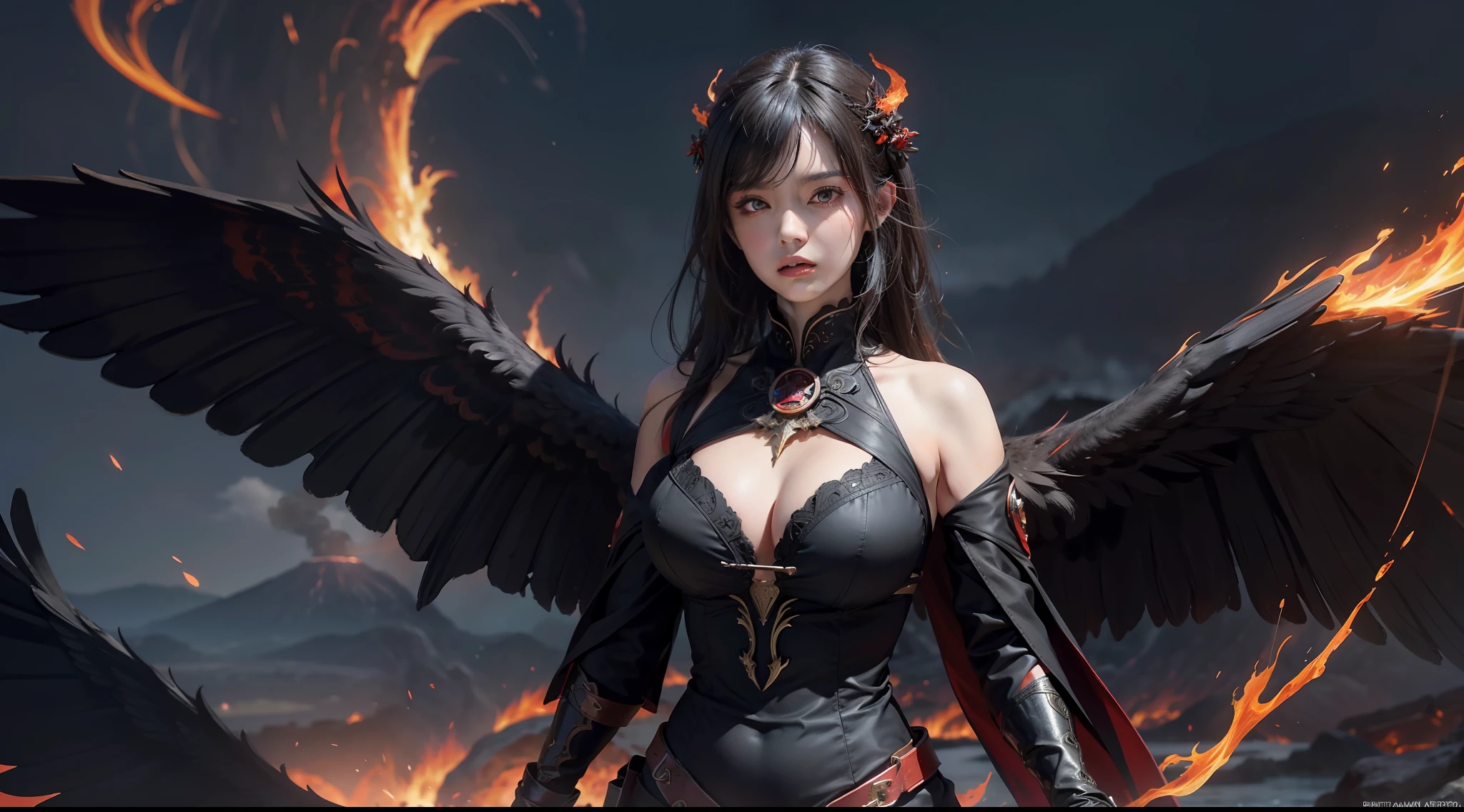 (Award-winning digital artwork:1.3) af (sketching:1.3),(with dynamism:1.3),(Saturation:1.3),(Close portrait:1.3),(femele:1.4),(big breasts beautiful: 1.4),(carismatic:1.3),angelicales,Red eyes,Bright magic,volcano background,Large breasts,complex patterns,Film filter, ,dramatics,dynamicposes,illusory engine, (High detail: 1.9),mystic symbols,black toga,massive wings,Black wings,red color eyes,arrogant look,molten lava
