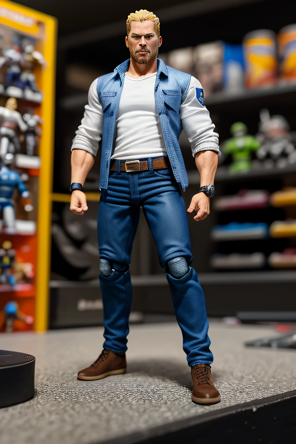 (ActionFigureQuiron style), solo, Paul Walker, white shirt, blue jeans, casual outfit, blond, action figure, concept art, ActionFigureQuiron style, action figure, plastic toy, premium toy,
