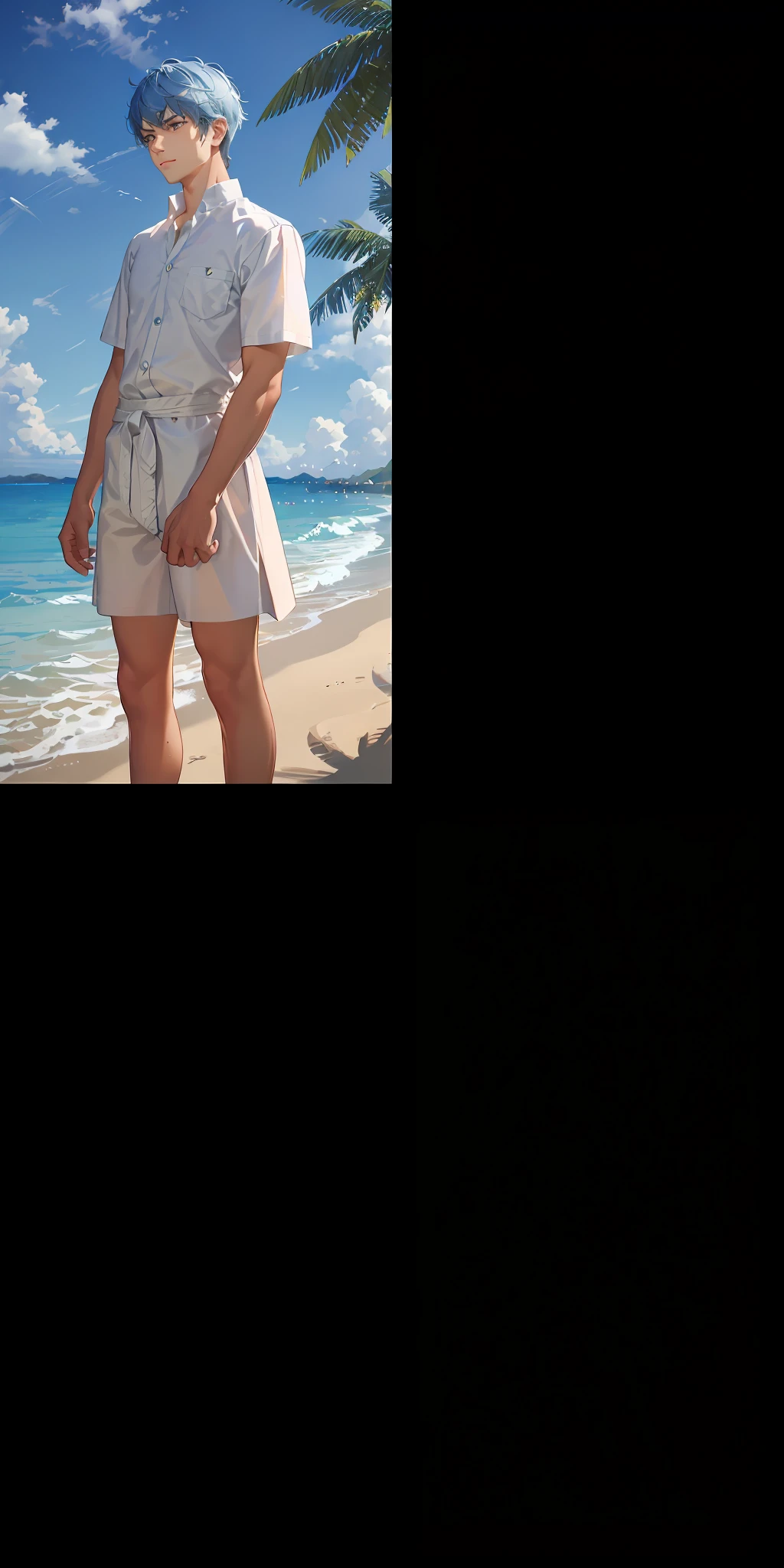 The upper body of the man wears a white T-shirt printed with an XHC pattern