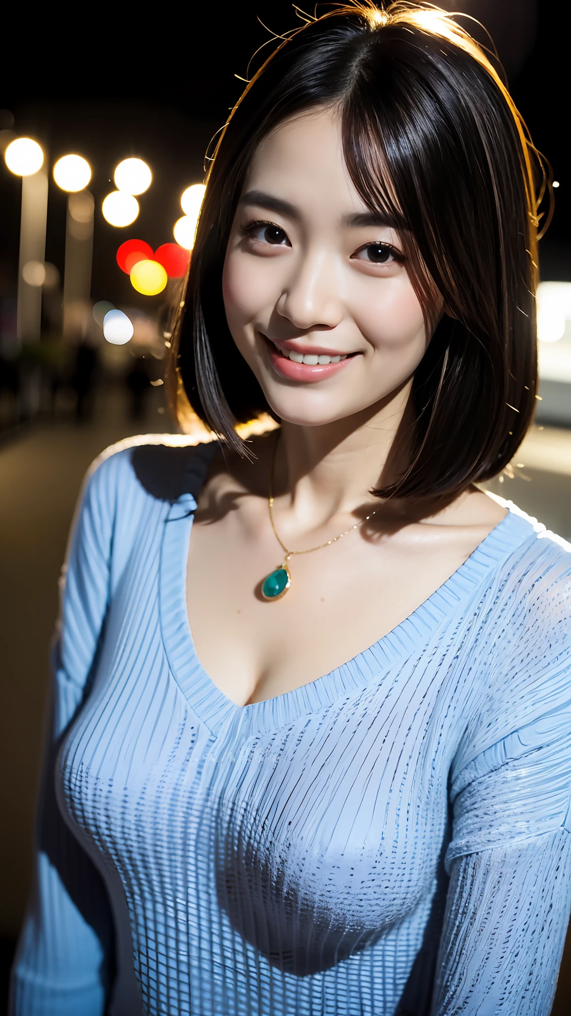 (top-quality、8k、32k、masterpiece、UHD:1.2)、Photo of a cute Japanese woman、a smile、large full breasts、very short bobbed hair、The upper part of the body、sface focus、oversized_sweater、(Outdoor, Night: 1.1), City streets, a necklace、simple background、From above、looking at the viewers、