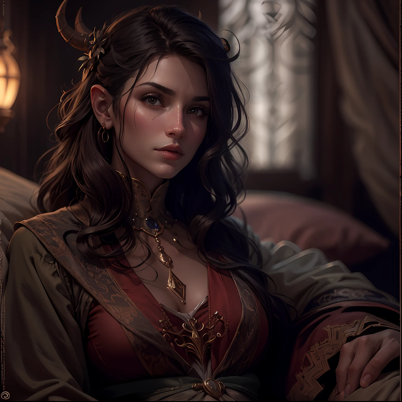 Uma morena tiefling com pouca roupa em uma cama, Realistic, Charismatic, Muitos detalhes, Tema Fantasia Medieval, cabelos longos com franja, 25 anos, corpo inteiro, rosto da princesa, corpo definido, Realismo, Cinematic lighting, de cima, super detalhe