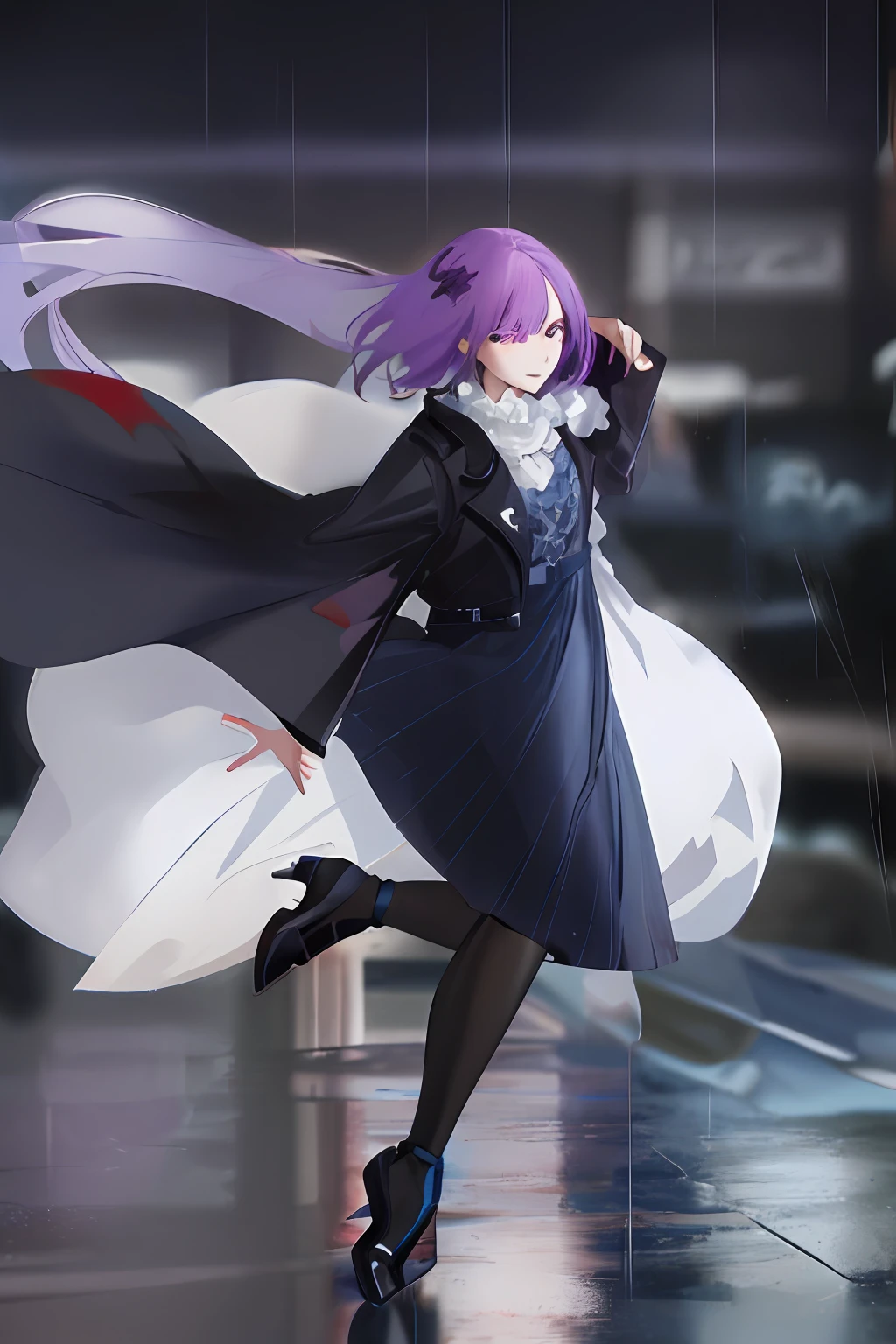 Purple-haired girl，Dancing in the rain，Rain splashed，aethereal